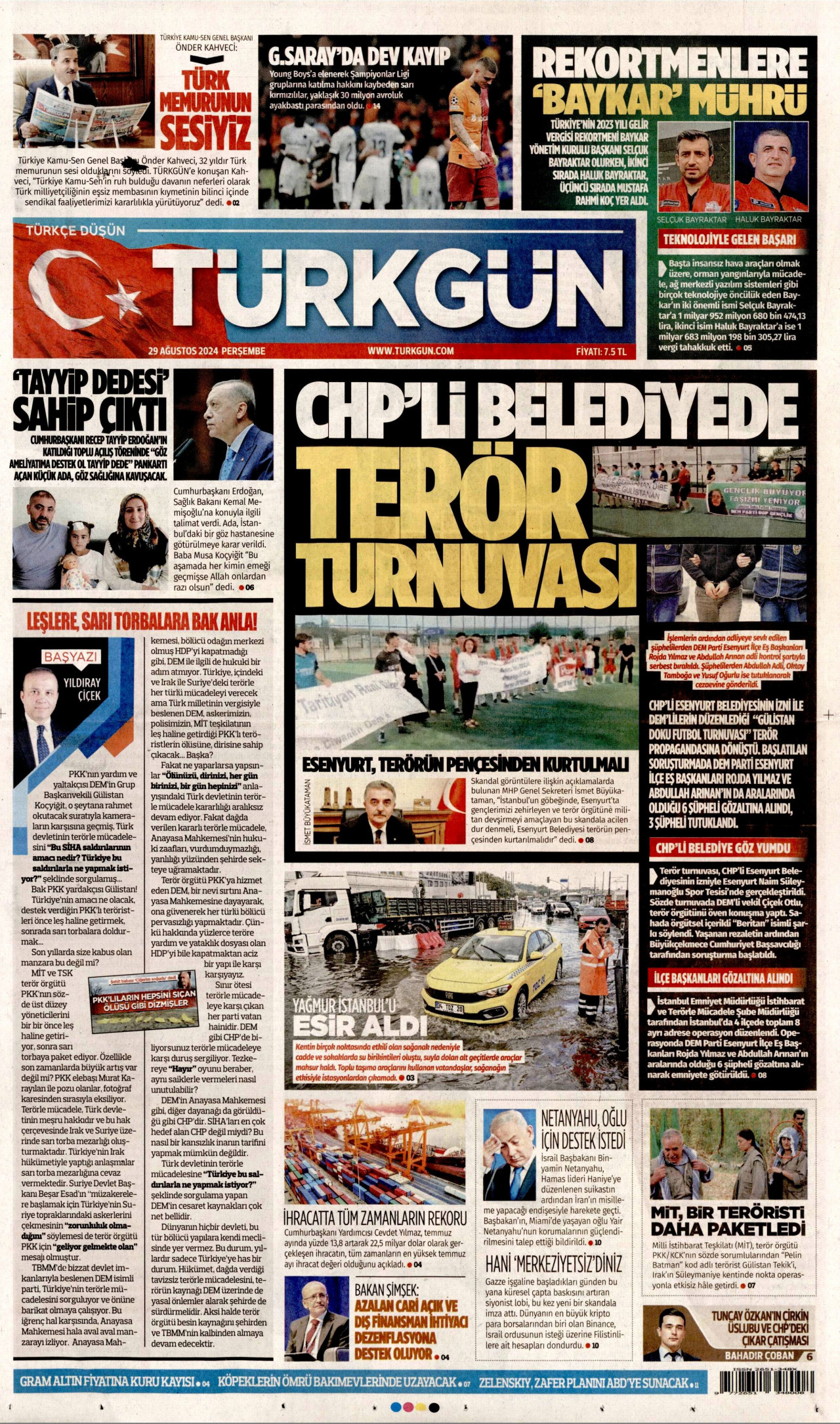 TÜRKGÜN gazetesinin 29 Ağustos 2024 tarihli birinci sayfası