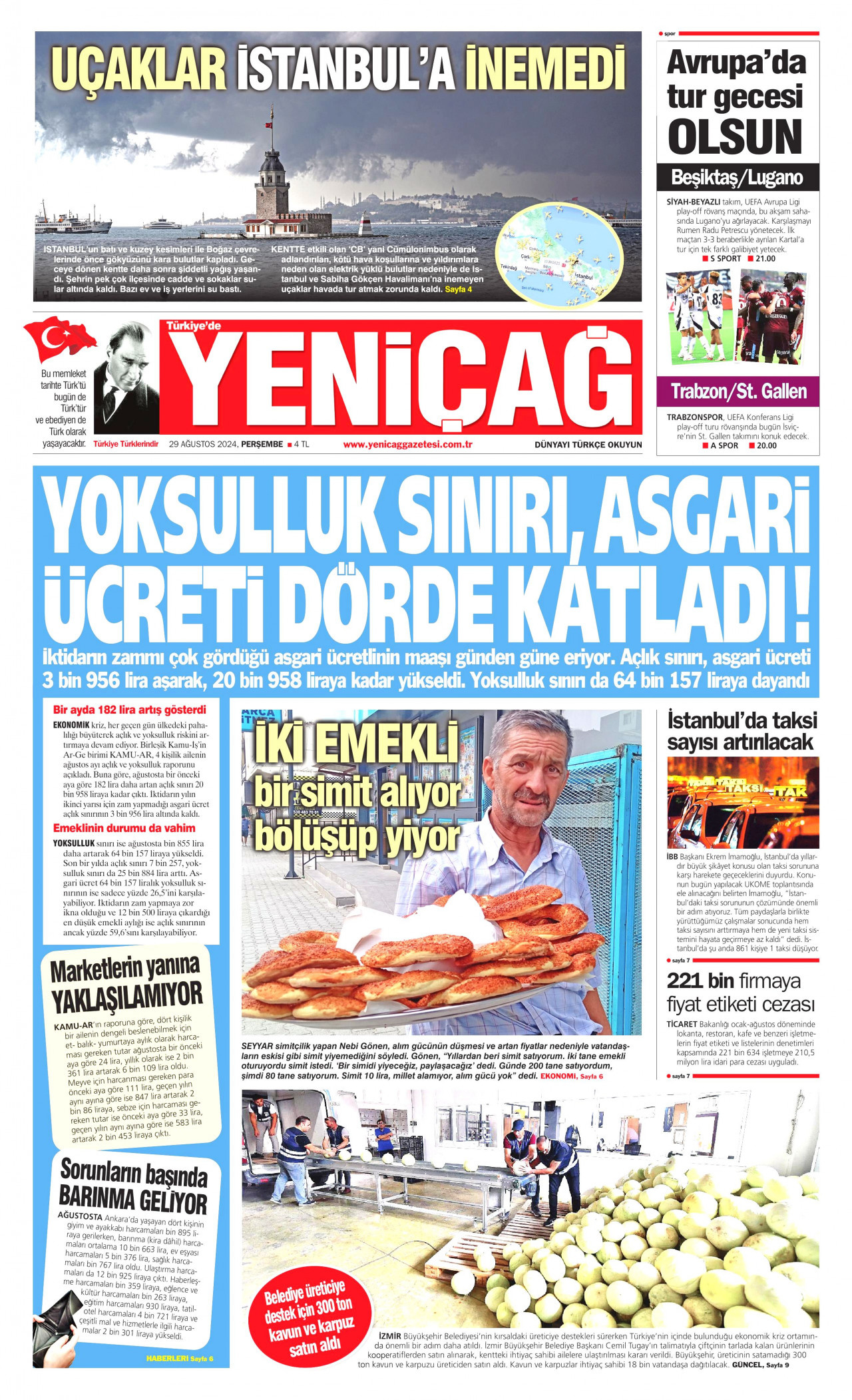 YENİÇAĞ gazetesinin 29 Ağustos 2024 tarihli birinci sayfası