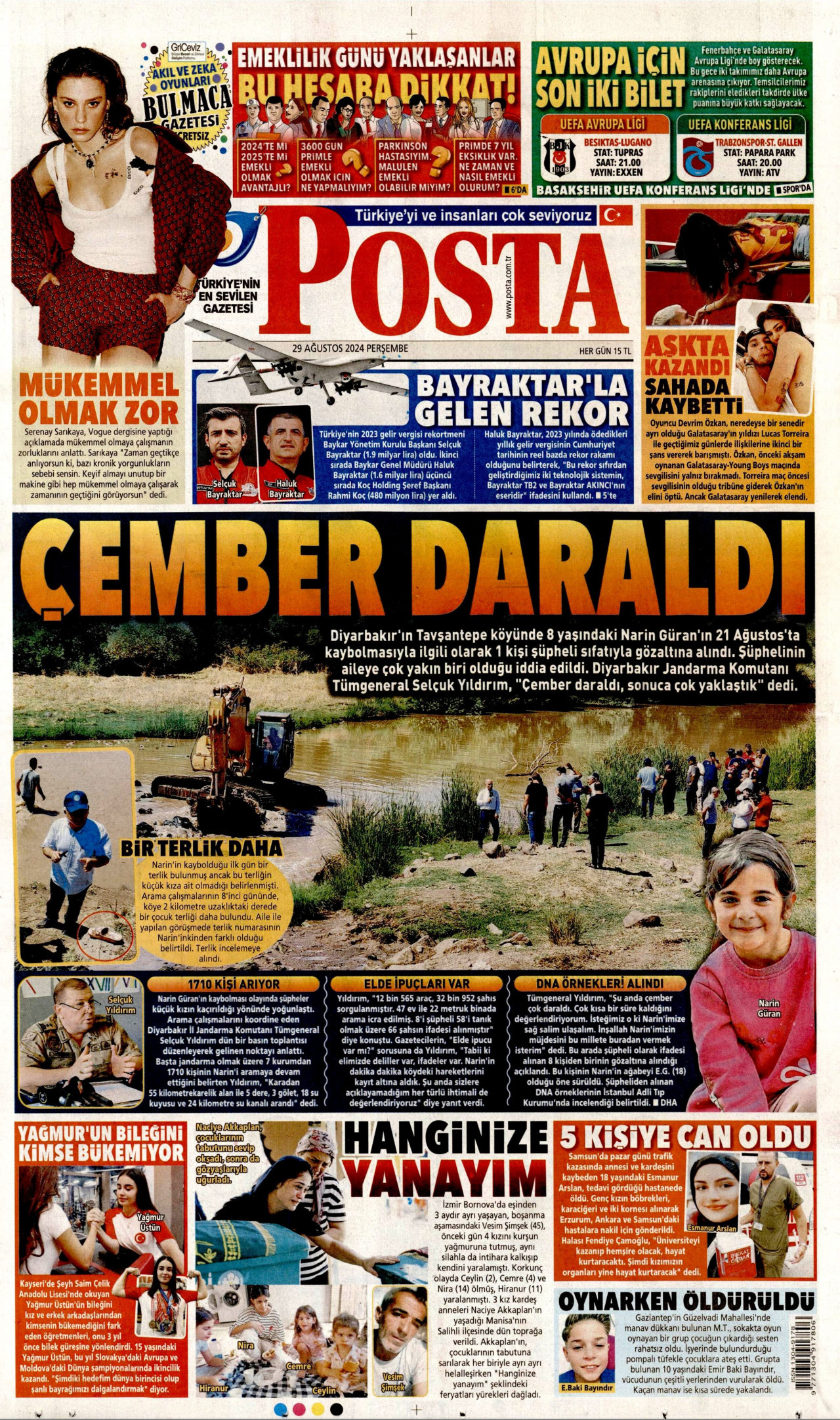 POSTA gazetesinin 29 Ağustos 2024 tarihli birinci sayfası