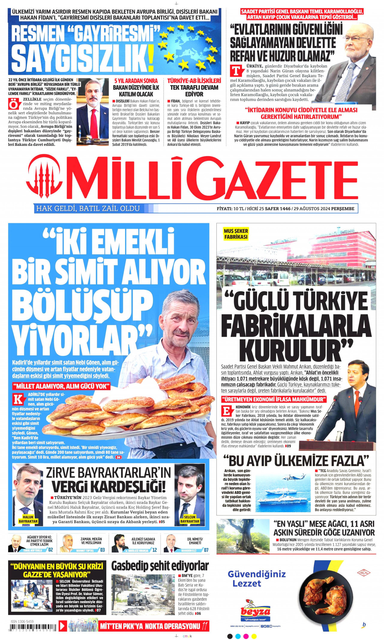 MİLLİ GAZETE gazetesinin 29 Ağustos 2024 tarihli birinci sayfası
