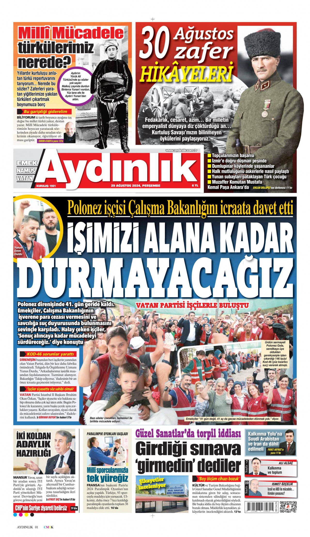 AYDINLIK GAZETESİ gazetesinin 29 Ağustos 2024 tarihli birinci sayfası