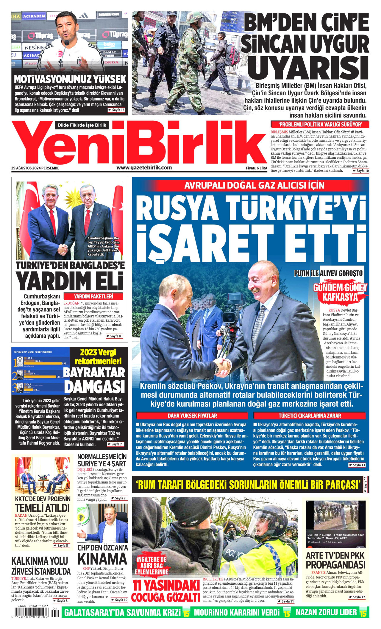 YENİBİRLİK gazetesinin 29 Ağustos 2024 tarihli birinci sayfası
