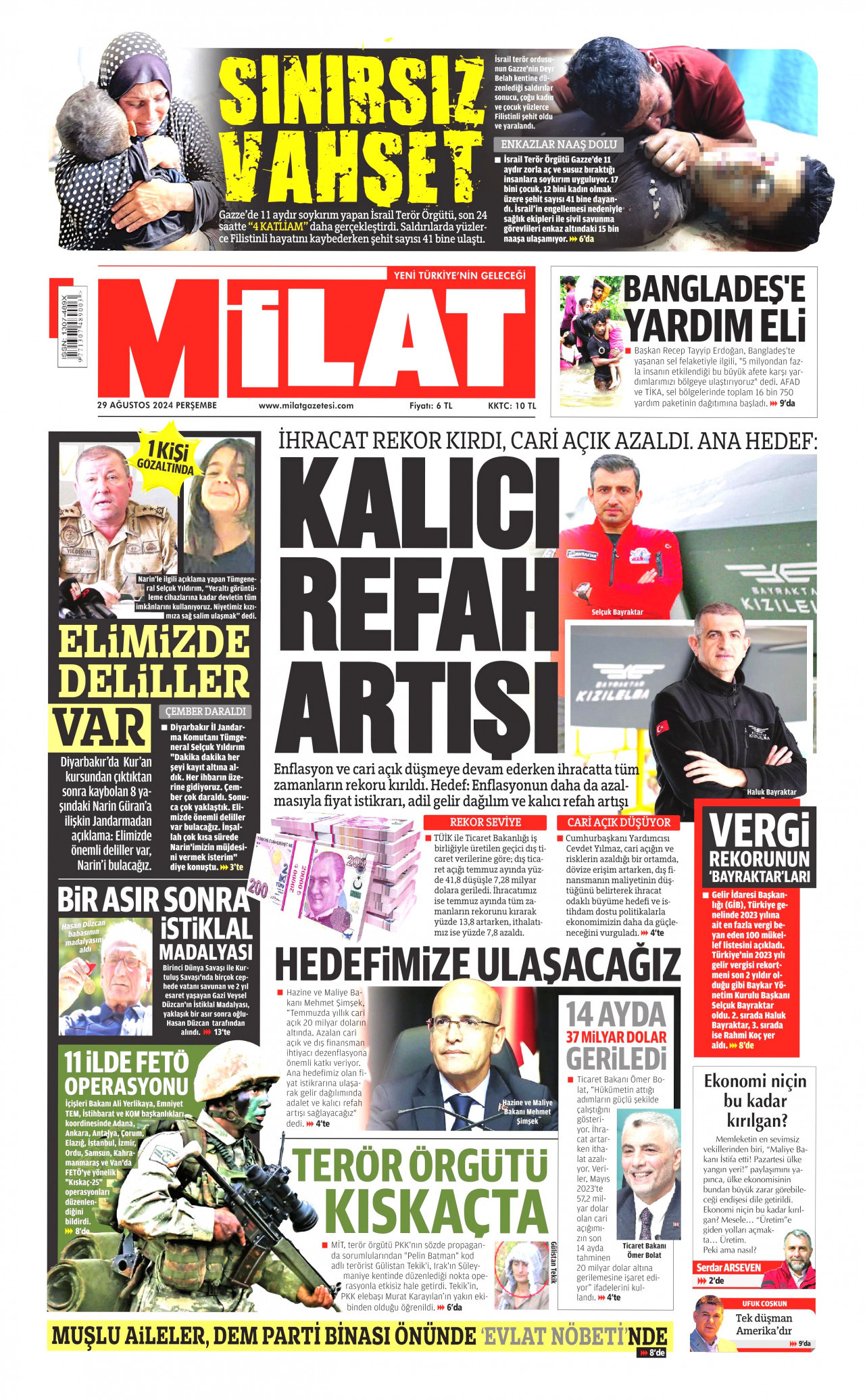 MİLAT gazetesinin 29 Ağustos 2024 tarihli birinci sayfası