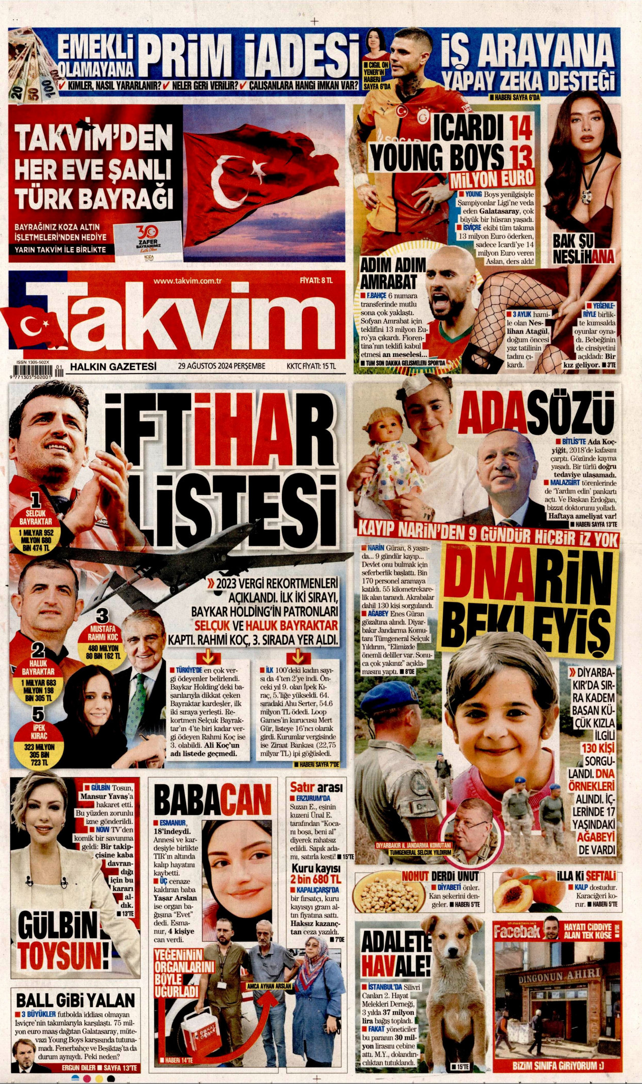 TAKVİM gazetesinin 29 Ağustos 2024 tarihli birinci sayfası