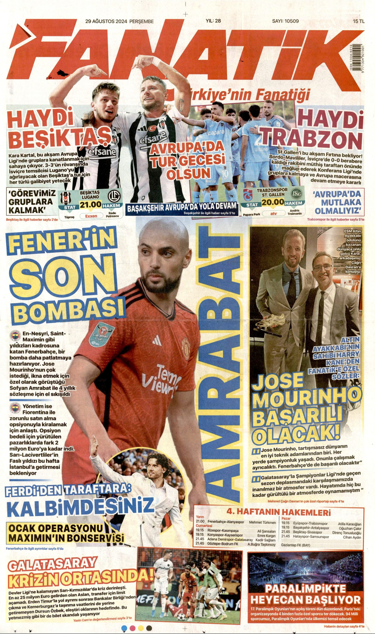 FANATİK gazetesinin 29 Ağustos 2024 tarihli birinci sayfası