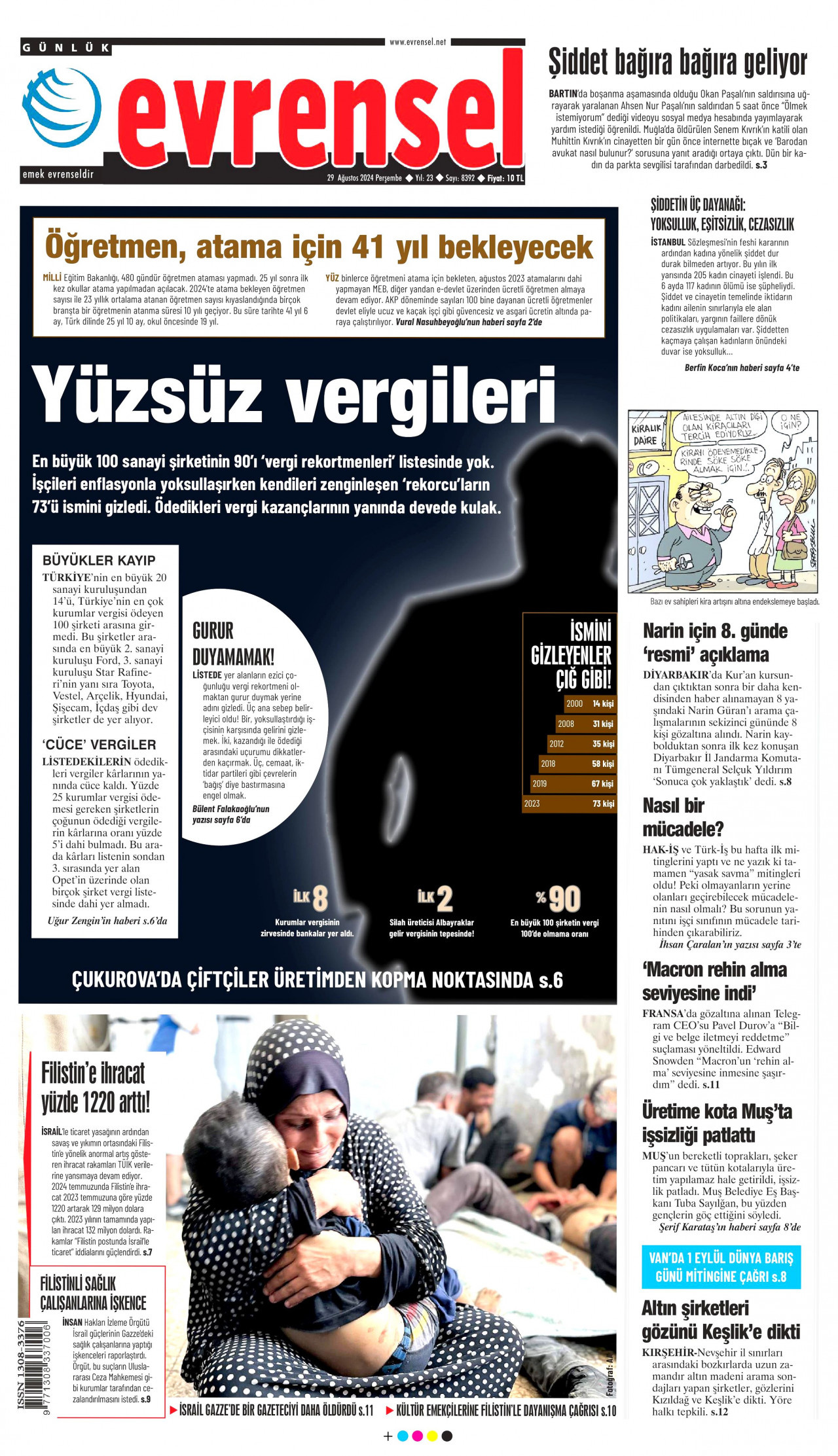 EVRENSEL gazetesinin 29 Ağustos 2024 tarihli birinci sayfası