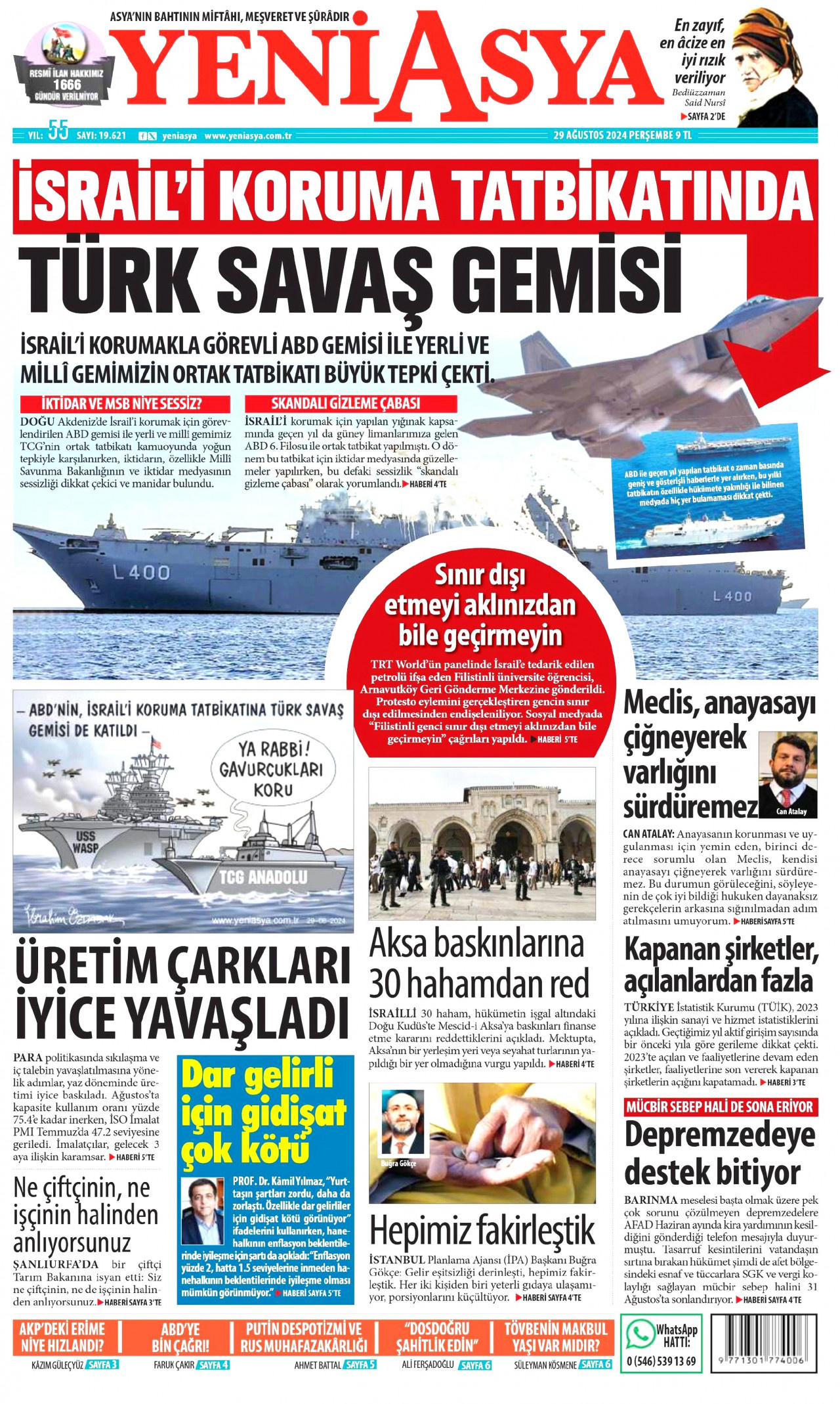 YENİ ASYA gazetesinin 29 Ağustos 2024 tarihli birinci sayfası