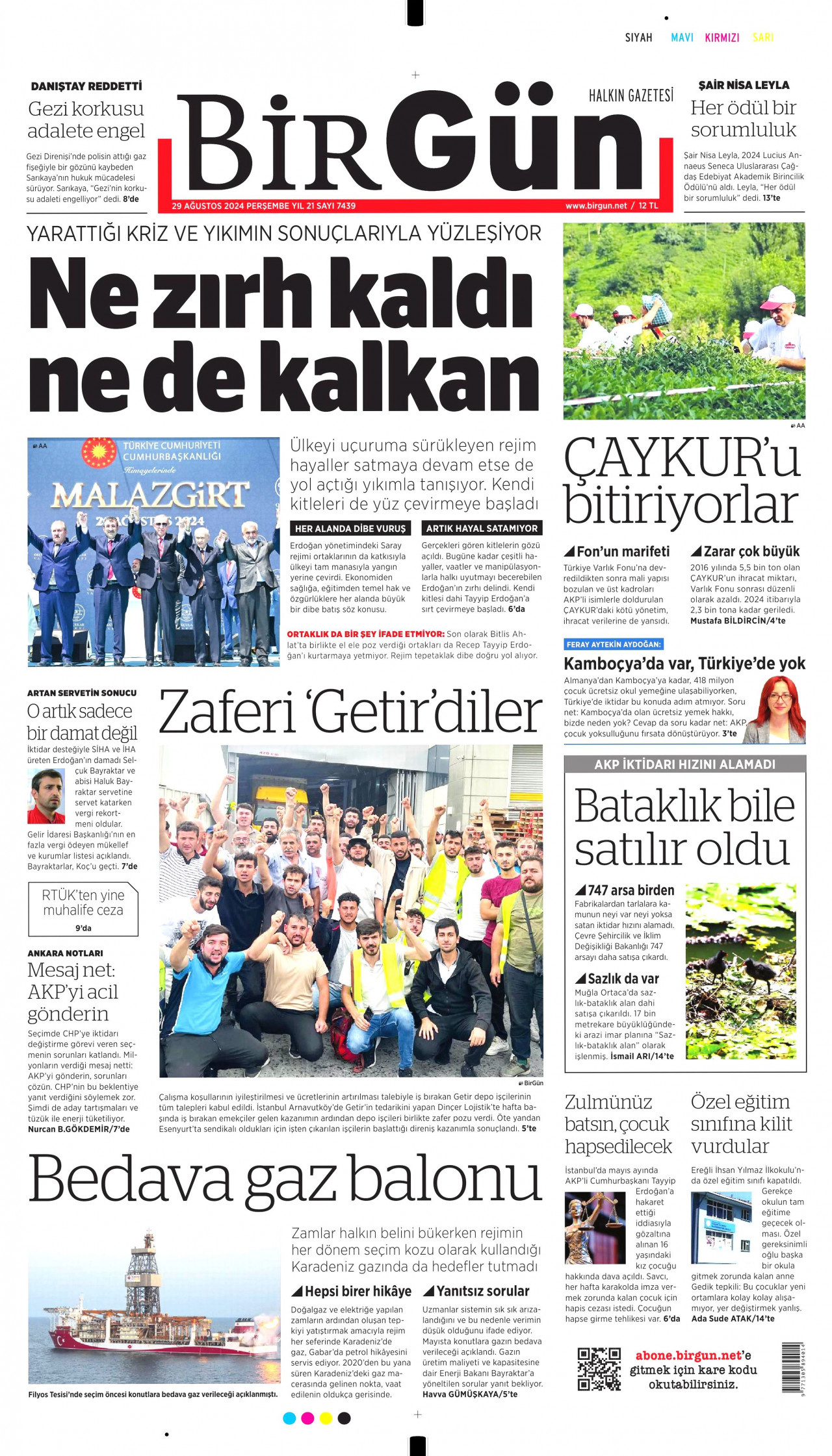 BİRGÜN gazetesinin 29 Ağustos 2024 tarihli birinci sayfası