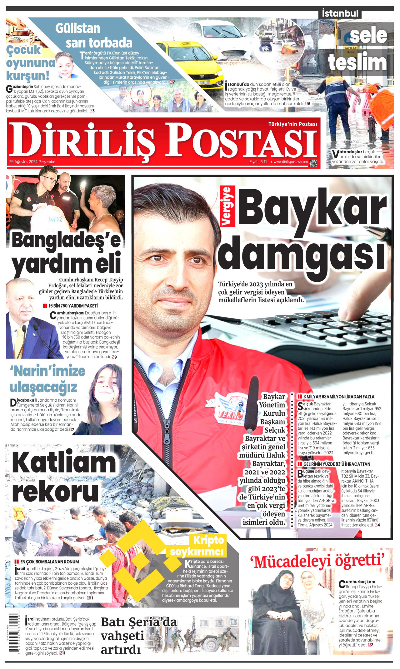 DİRİLİŞ POSTASI gazetesinin 29 Ağustos 2024 tarihli birinci sayfası
