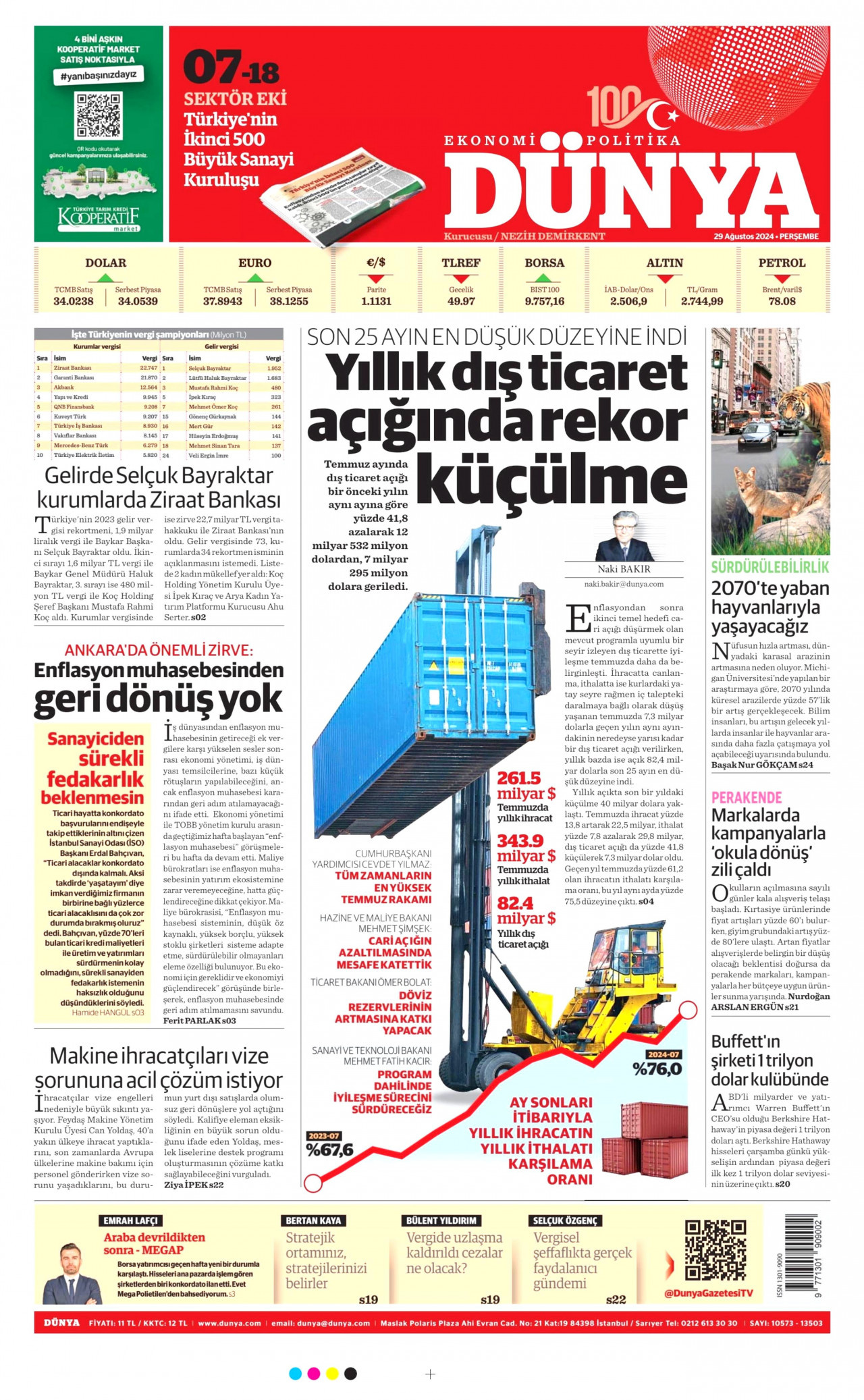 DÜNYA gazetesinin 29 Ağustos 2024 tarihli birinci sayfası