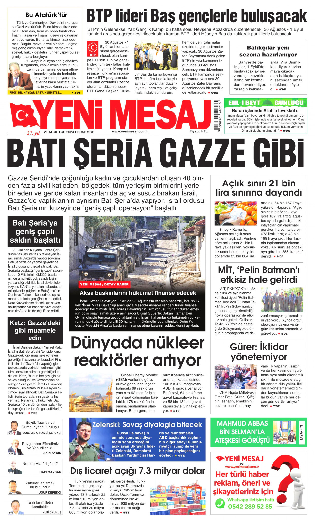 YENİ MESAJ gazetesinin 29 Ağustos 2024 tarihli birinci sayfası