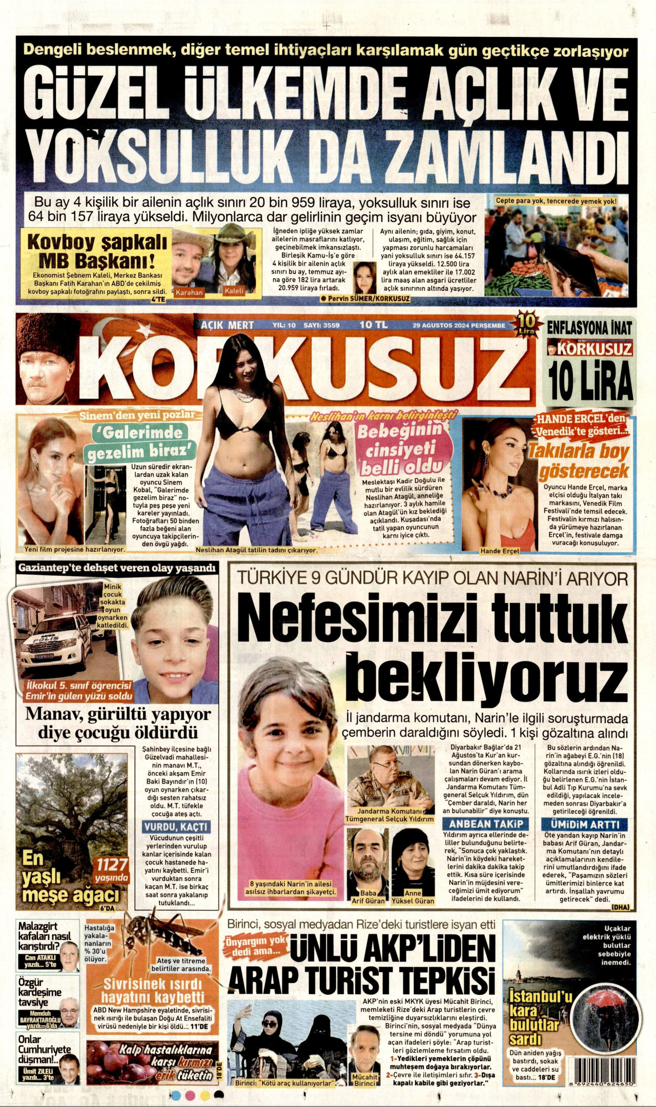 KORKUSUZ gazetesinin 29 Ağustos 2024 tarihli birinci sayfası