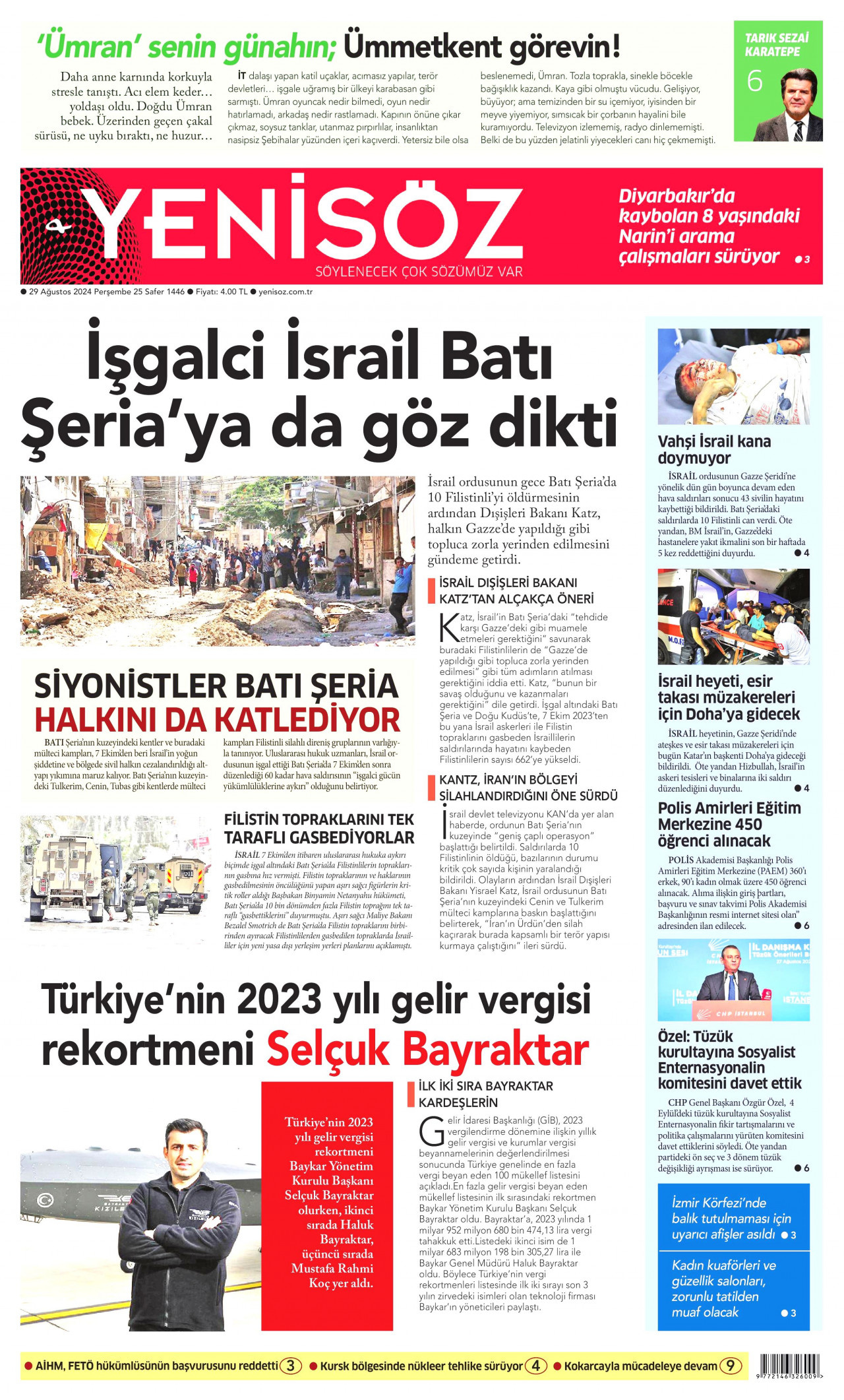 YENİ SÖZ GAZETESİ gazetesinin 29 Ağustos 2024 tarihli birinci sayfası