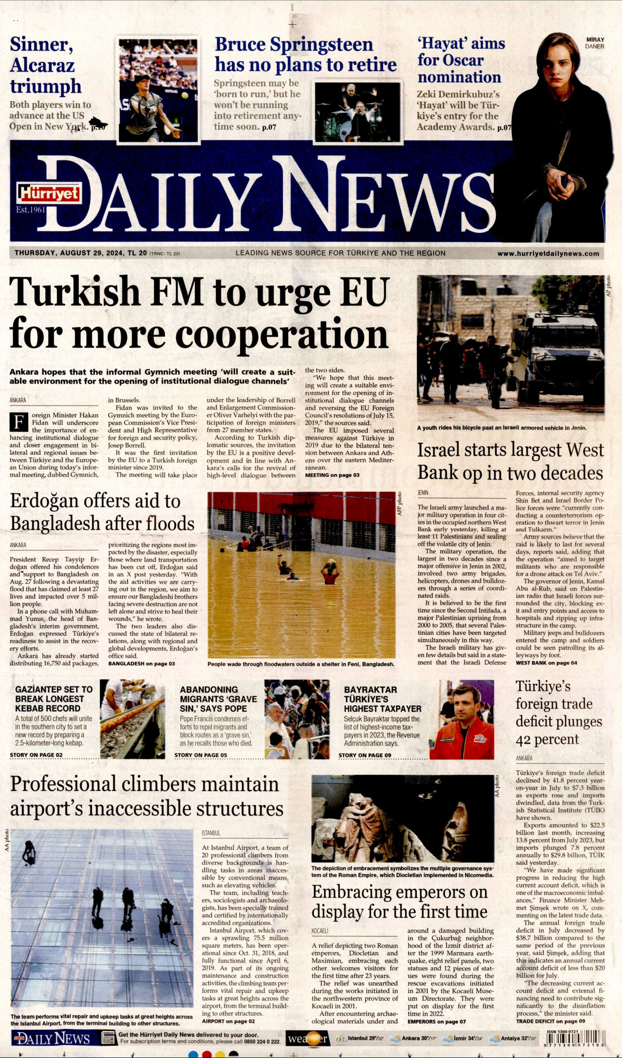 HÜRRİYET DAİLY NEWS gazetesinin 29 Ağustos 2024 tarihli birinci sayfası
