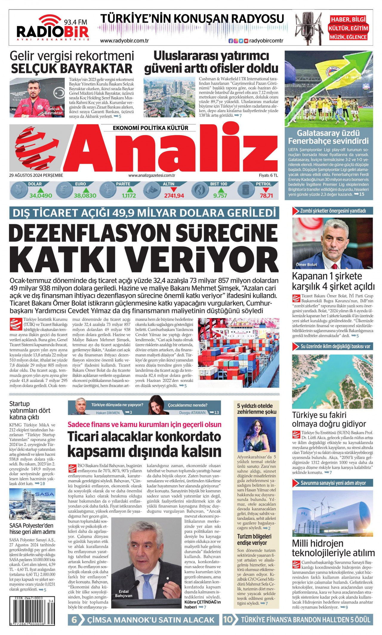 ANALİZ gazetesinin 29 Ağustos 2024 tarihli birinci sayfası