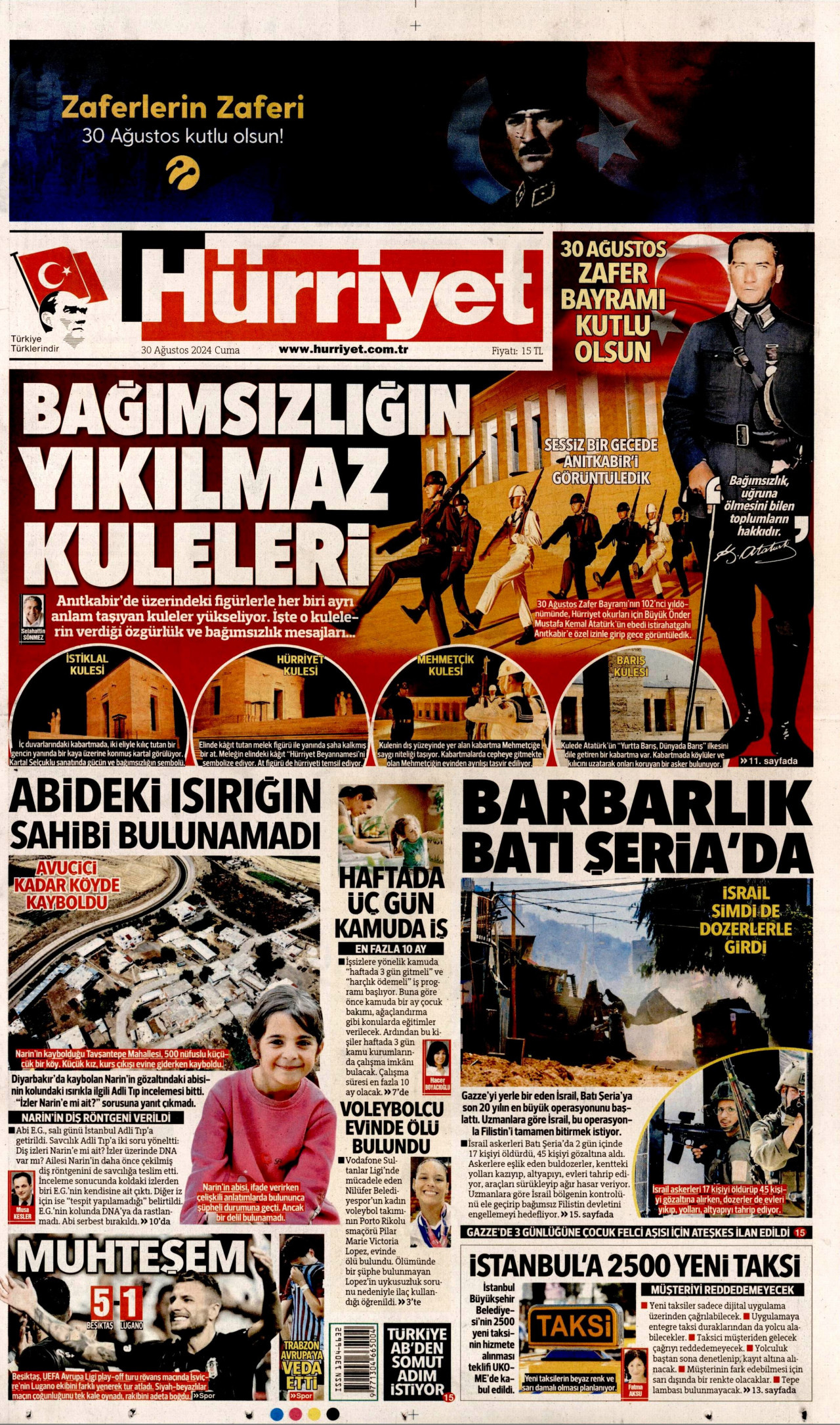 HÜRRİYET gazetesinin 30 Ağustos 2024 tarihli birinci sayfası