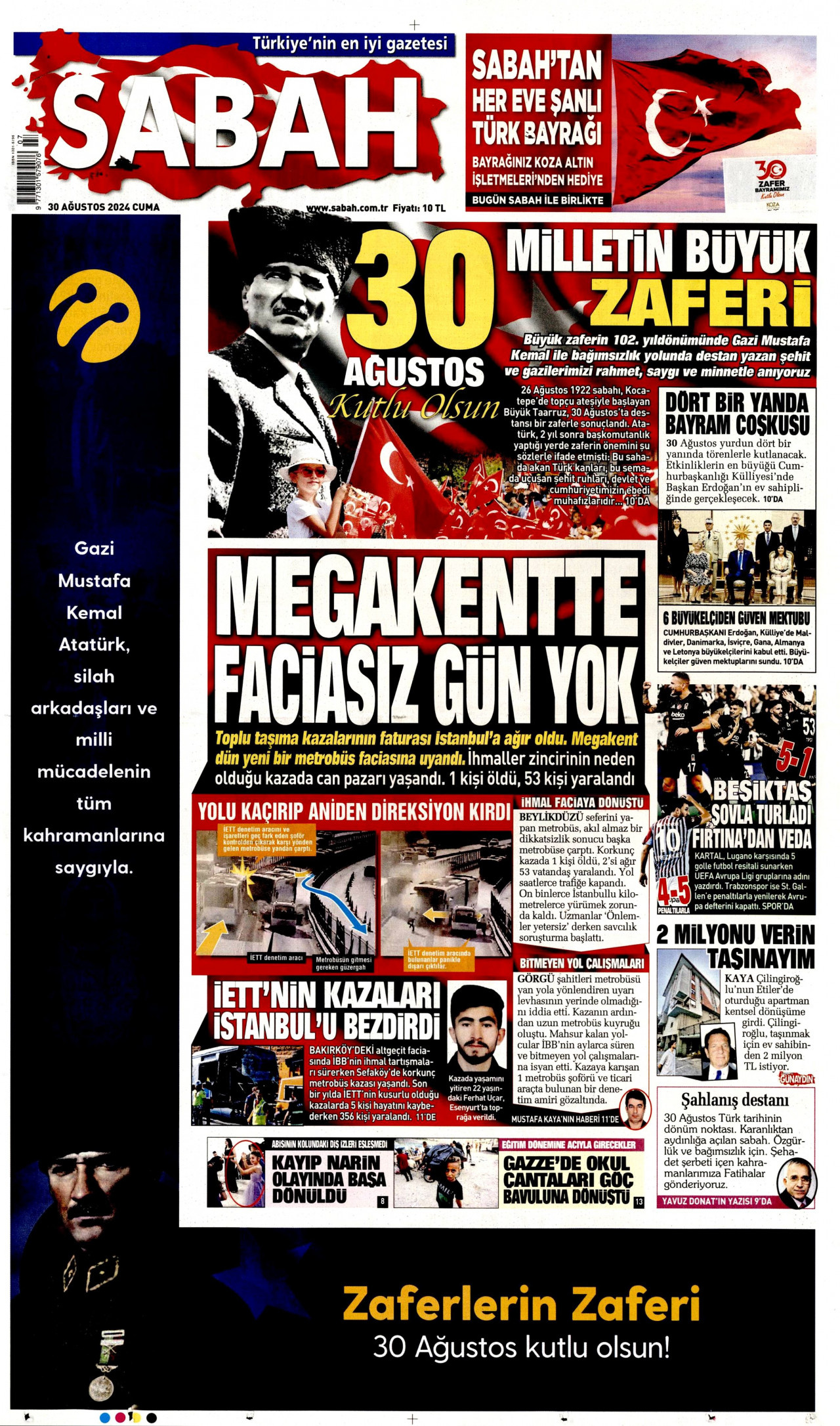 SABAH gazetesinin 30 Ağustos 2024 tarihli birinci sayfası