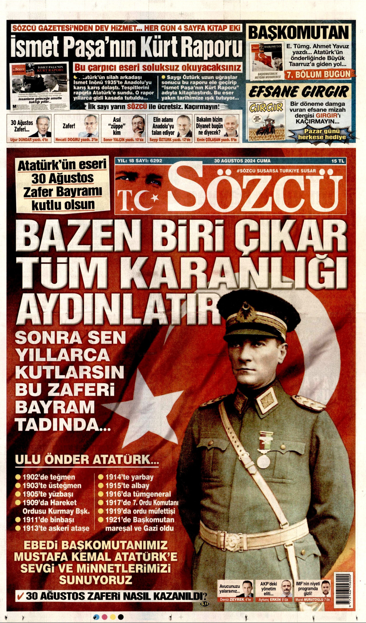 SÖZCÜ gazetesinin 30 Ağustos 2024 tarihli birinci sayfası