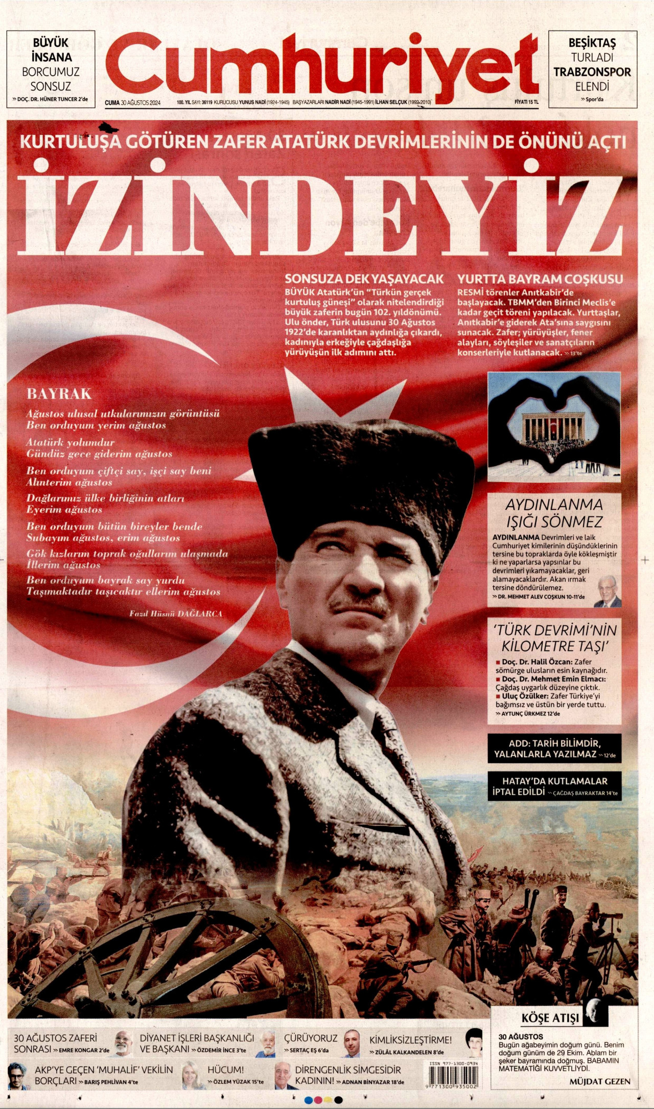 CUMHURİYET gazetesinin 30 Ağustos 2024 tarihli birinci sayfası