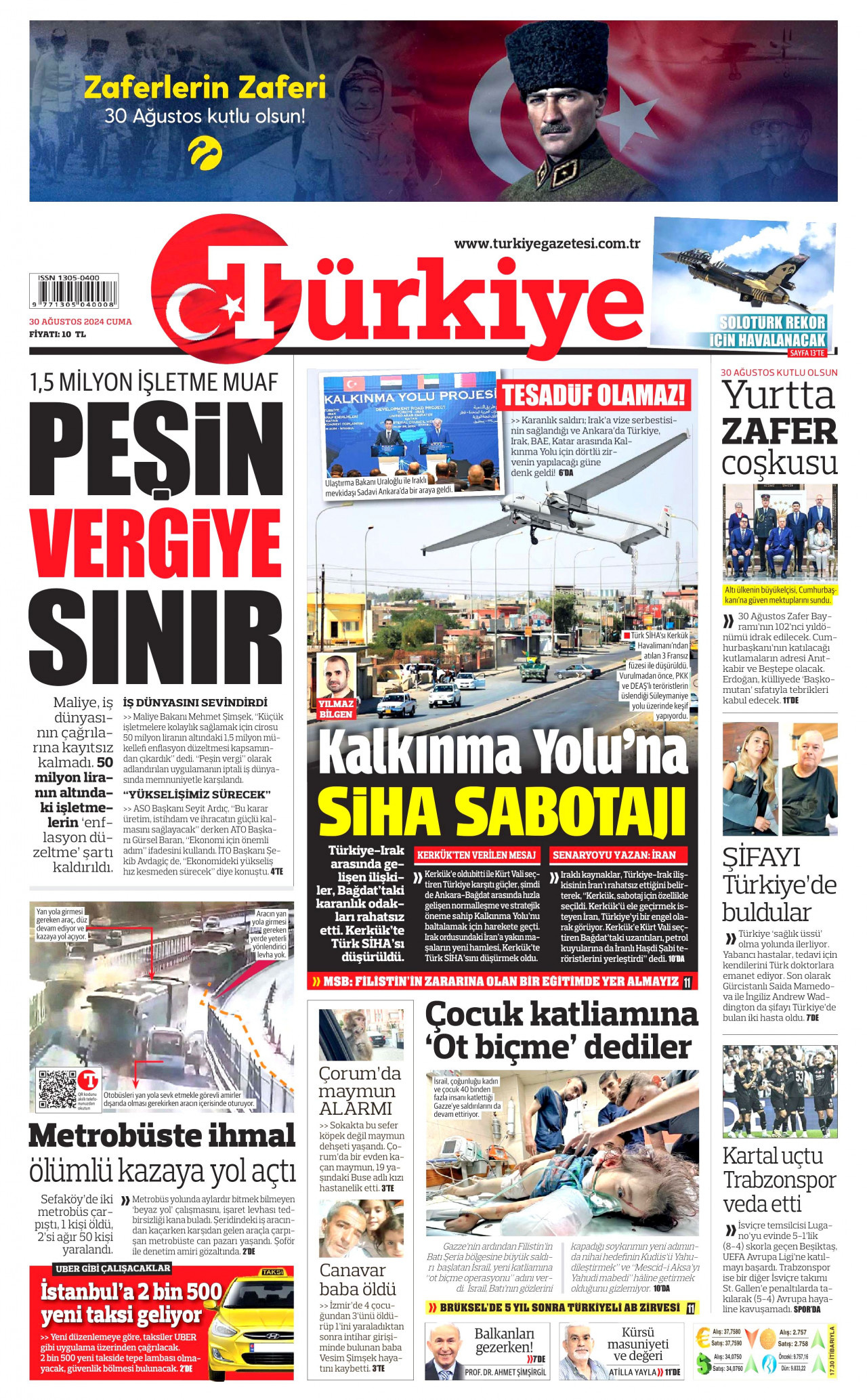 TÜRKİYE GAZETESİ gazetesinin 30 Ağustos 2024 tarihli birinci sayfası