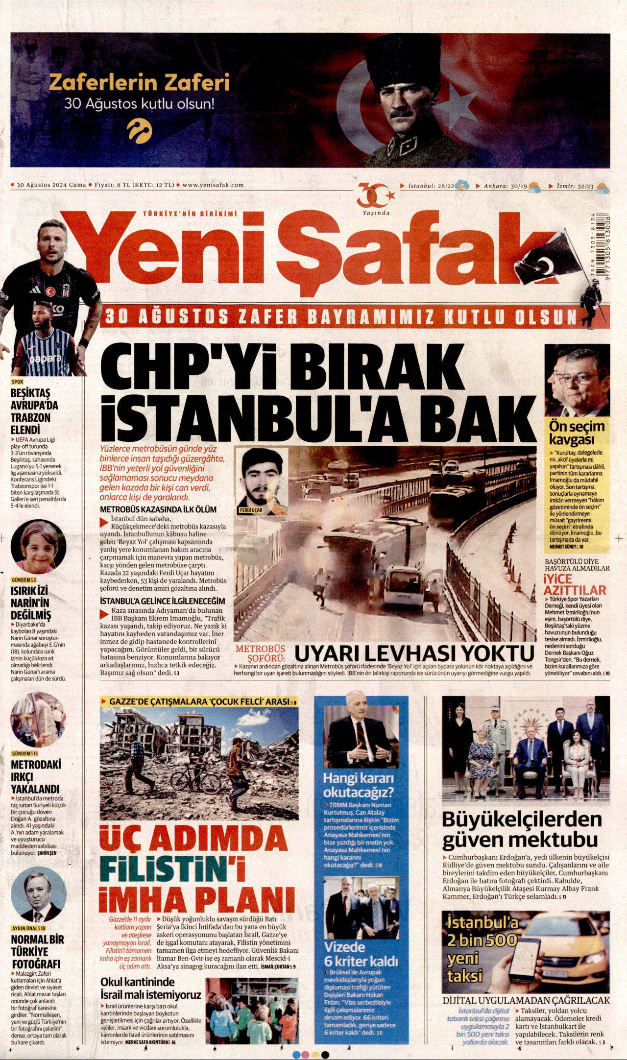 YENİ ŞAFAK gazetesinin 30 Ağustos 2024 tarihli birinci sayfası
