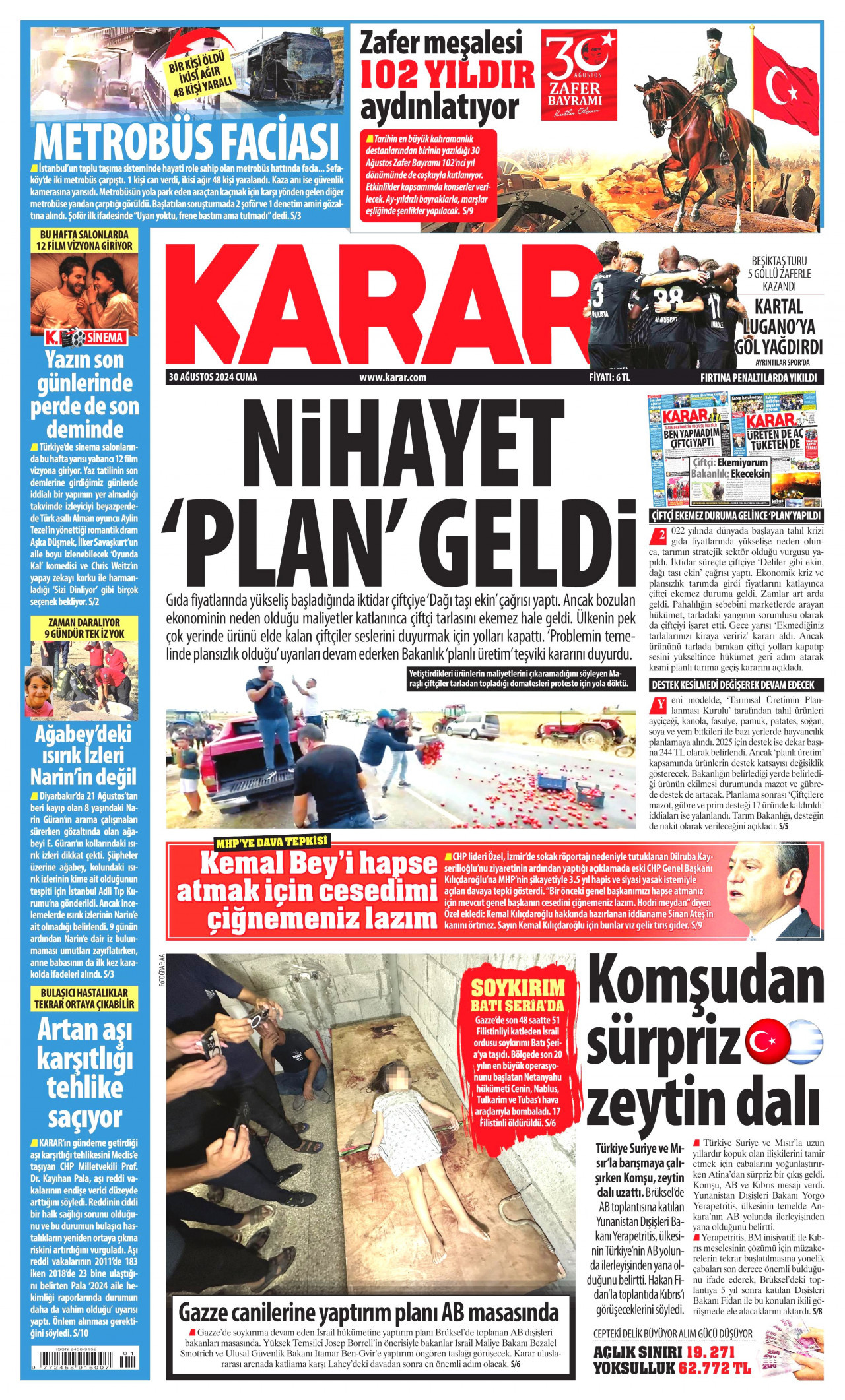 KARAR gazetesinin 30 Ağustos 2024 tarihli birinci sayfası