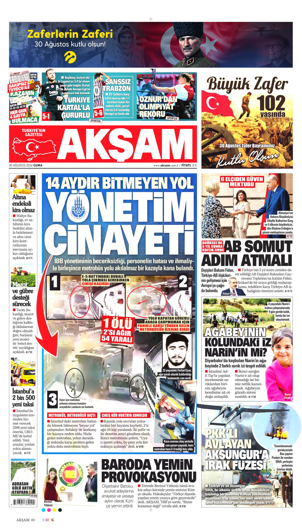 AKŞAM gazetesinin 30 Ağustos 2024 tarihli birinci sayfası