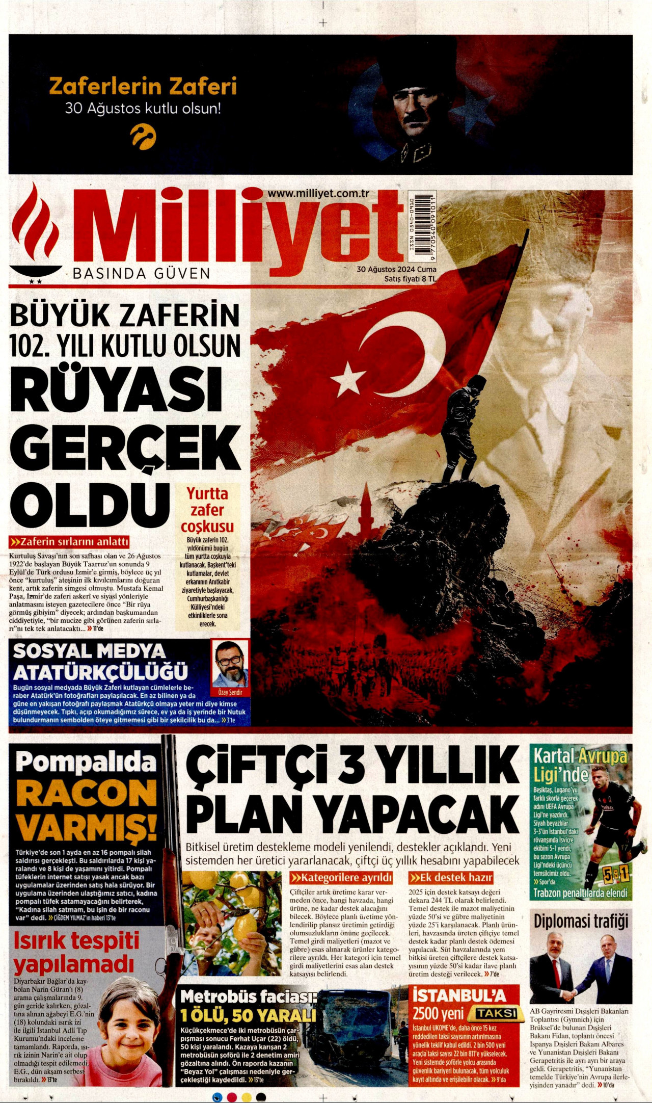 MİLLİYET gazetesinin 30 Ağustos 2024 tarihli birinci sayfası