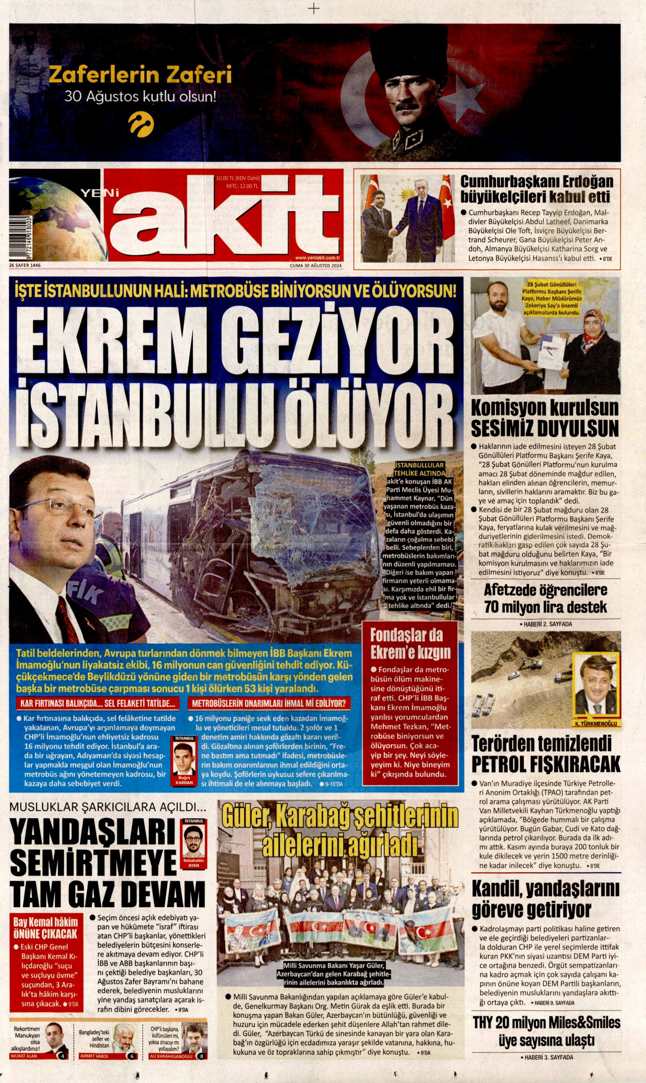 YENİ AKİT gazetesinin 30 Ağustos 2024 tarihli birinci sayfası