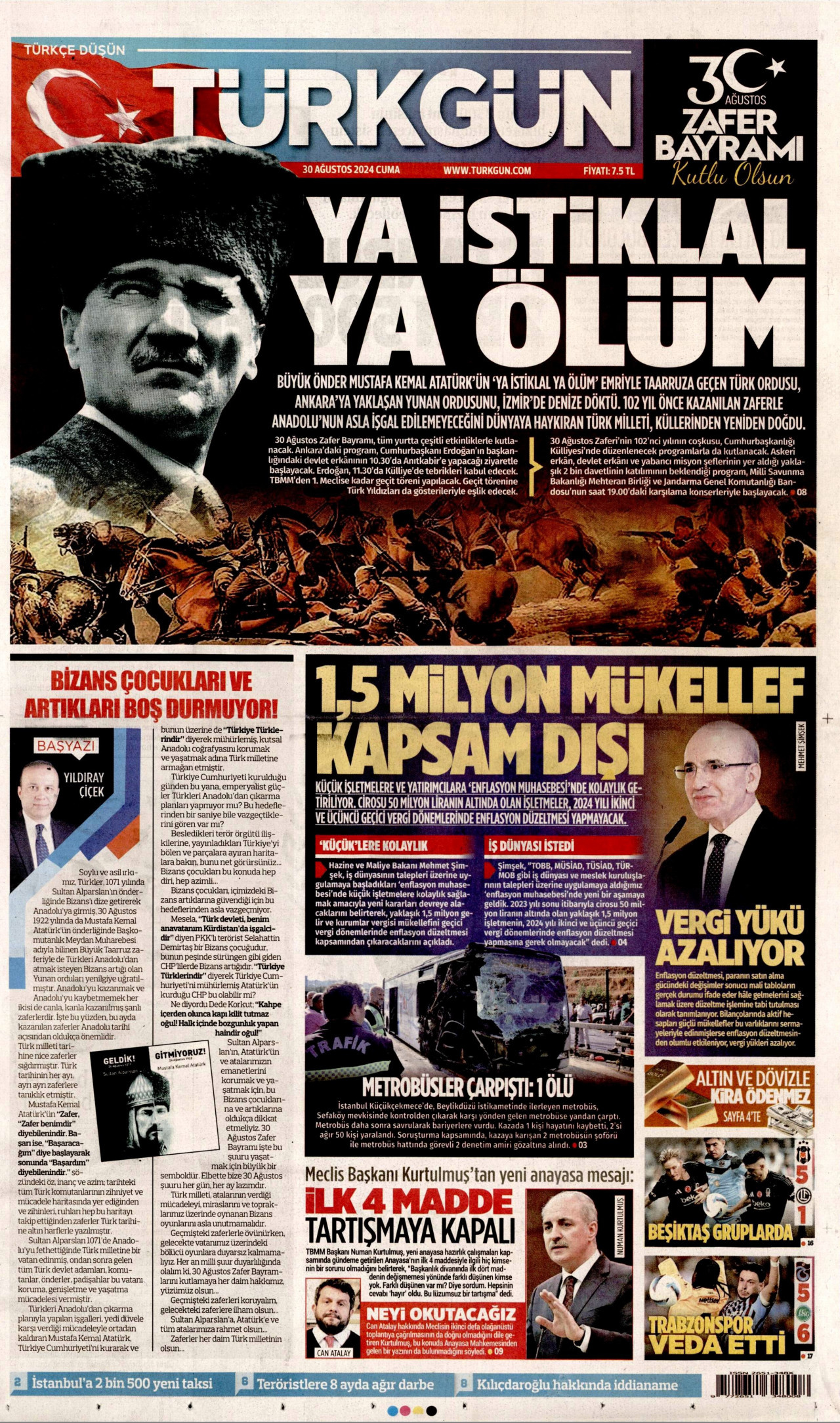 TÜRKGÜN gazetesinin 30 Ağustos 2024 tarihli birinci sayfası