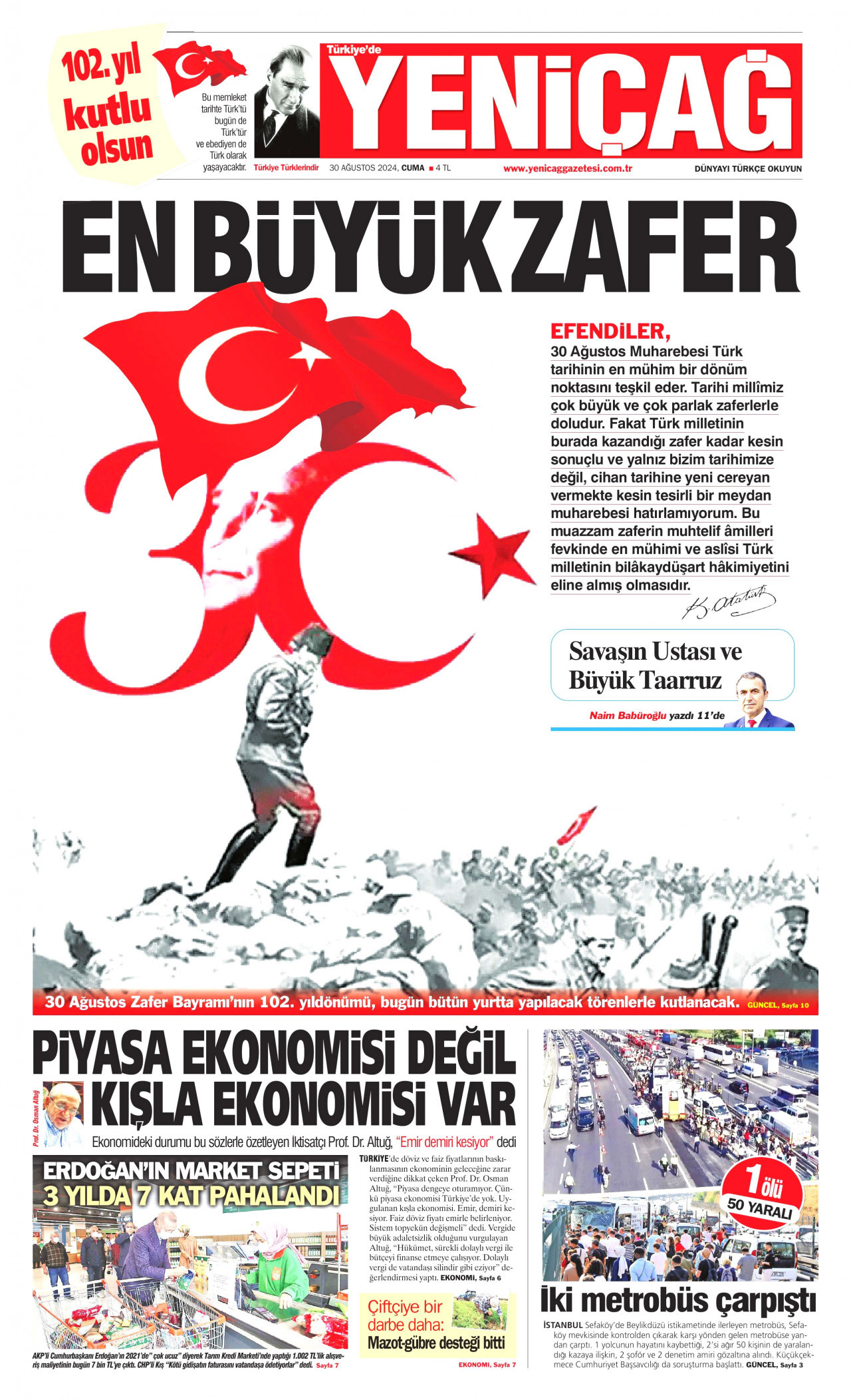 YENİÇAĞ gazetesinin 30 Ağustos 2024 tarihli birinci sayfası