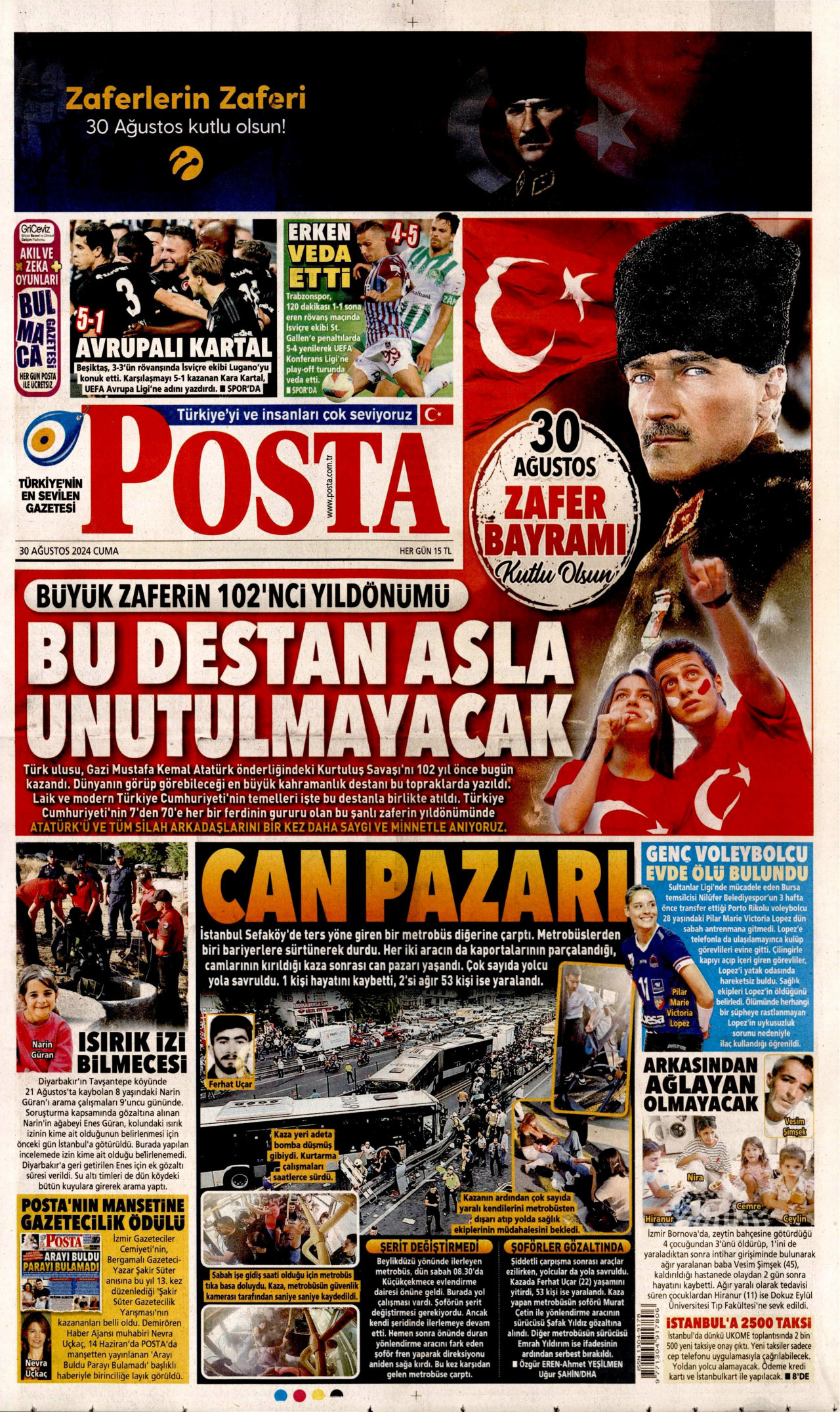 POSTA gazetesinin 30 Ağustos 2024 tarihli birinci sayfası
