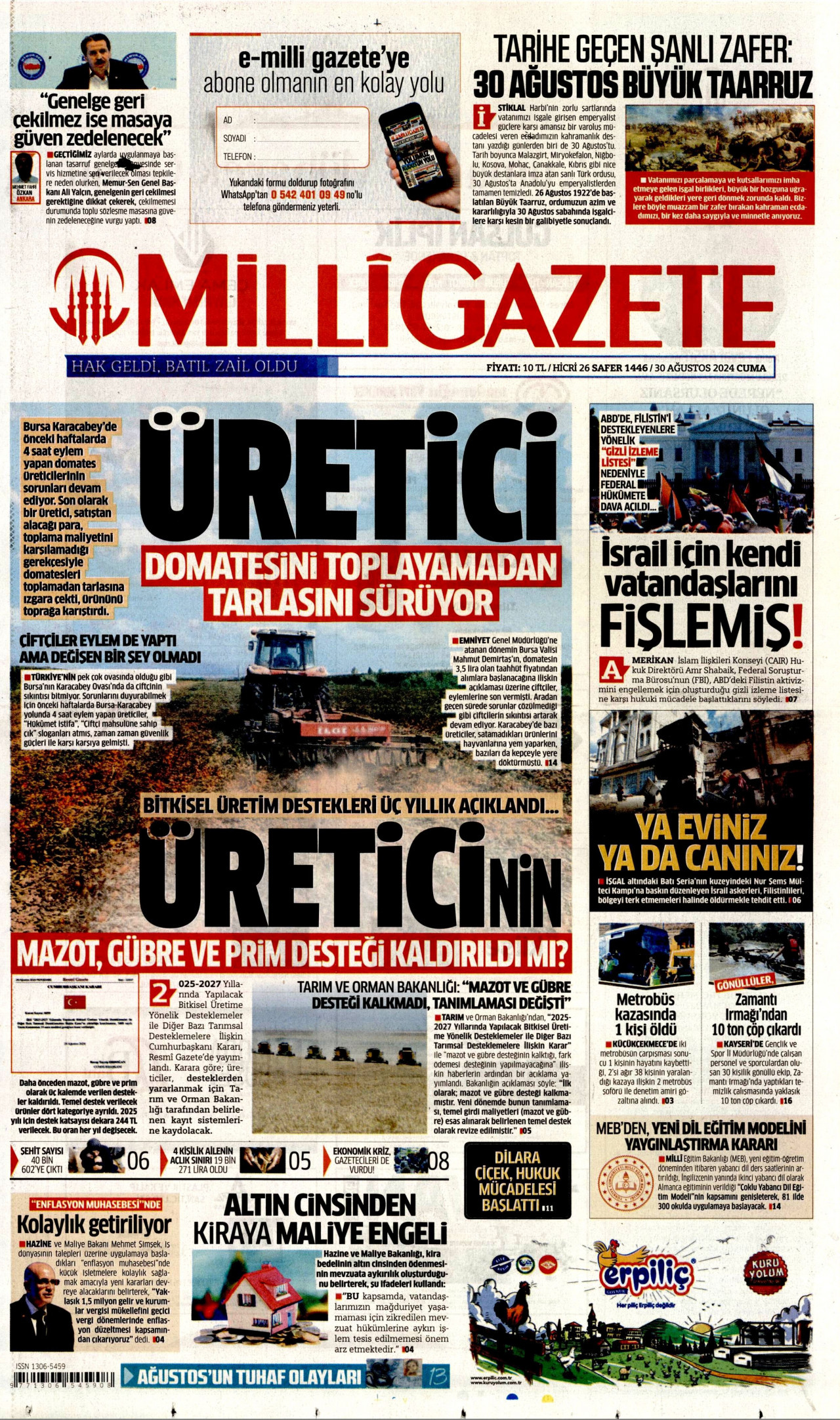 MİLLİ GAZETE gazetesinin 30 Ağustos 2024 tarihli birinci sayfası
