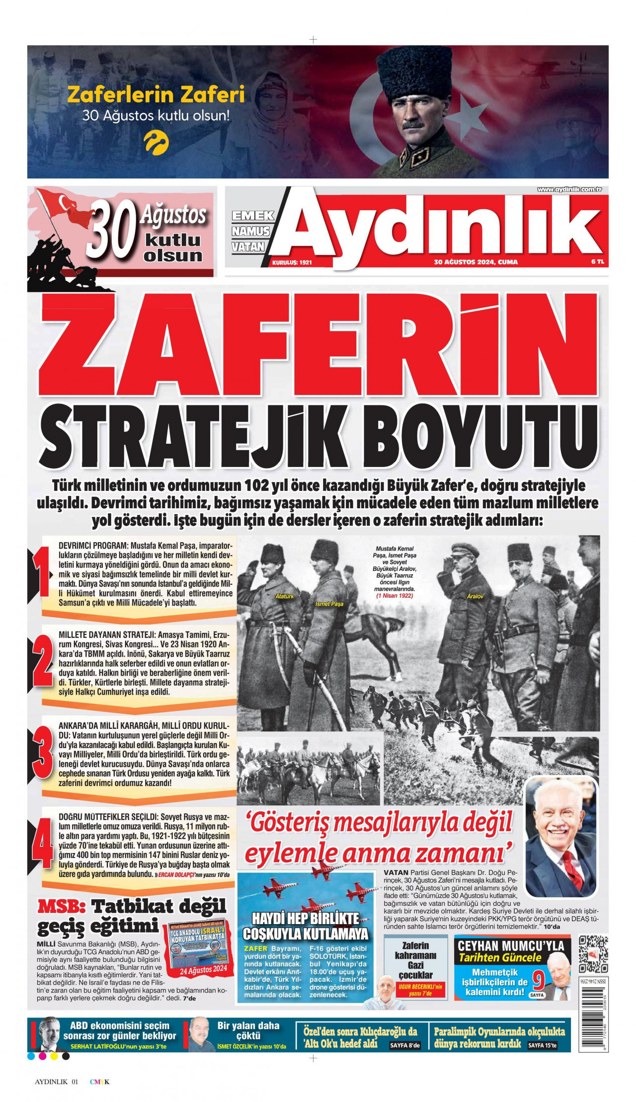 AYDINLIK GAZETESİ gazetesinin 30 Ağustos 2024 tarihli birinci sayfası