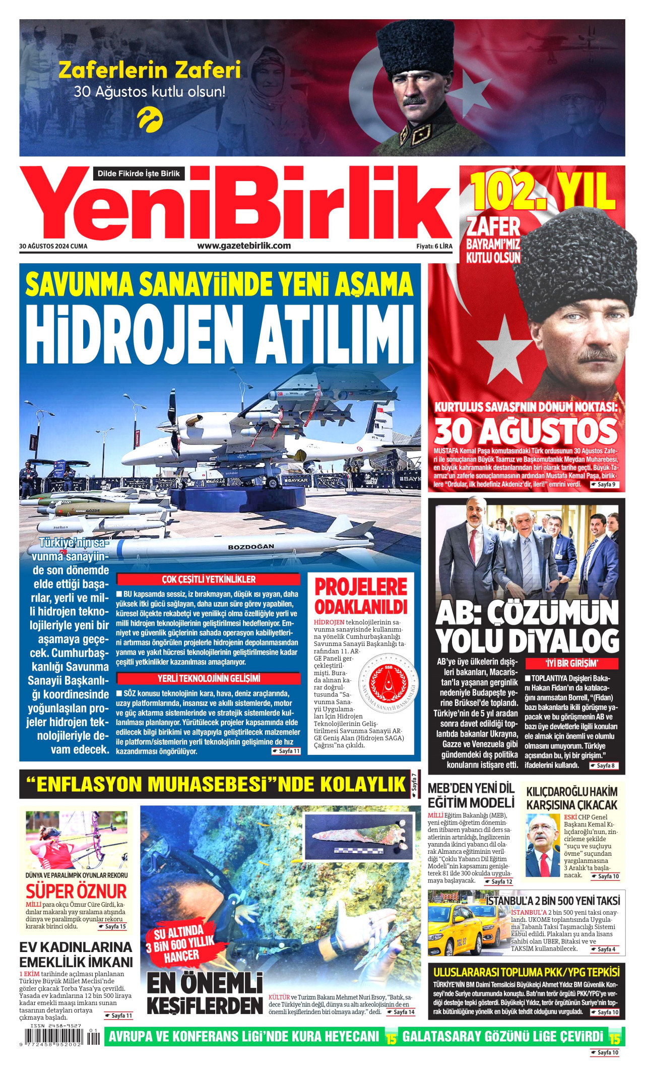 YENİBİRLİK gazetesinin 30 Ağustos 2024 tarihli birinci sayfası