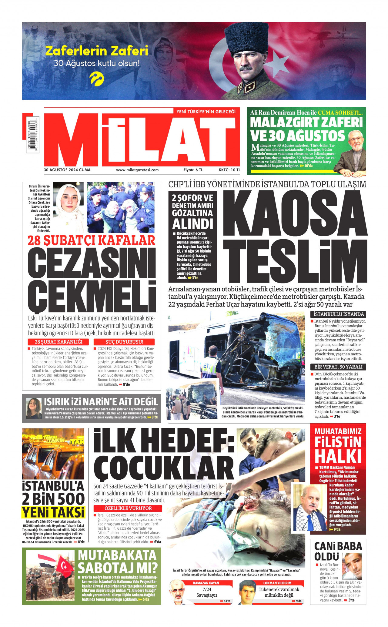 MİLAT gazetesinin 30 Ağustos 2024 tarihli birinci sayfası