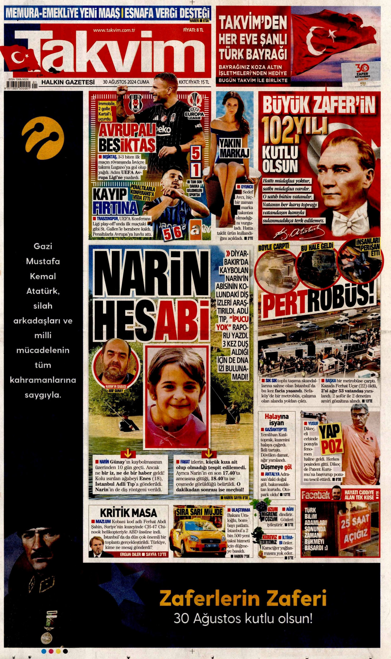 TAKVİM gazetesinin 30 Ağustos 2024 tarihli birinci sayfası