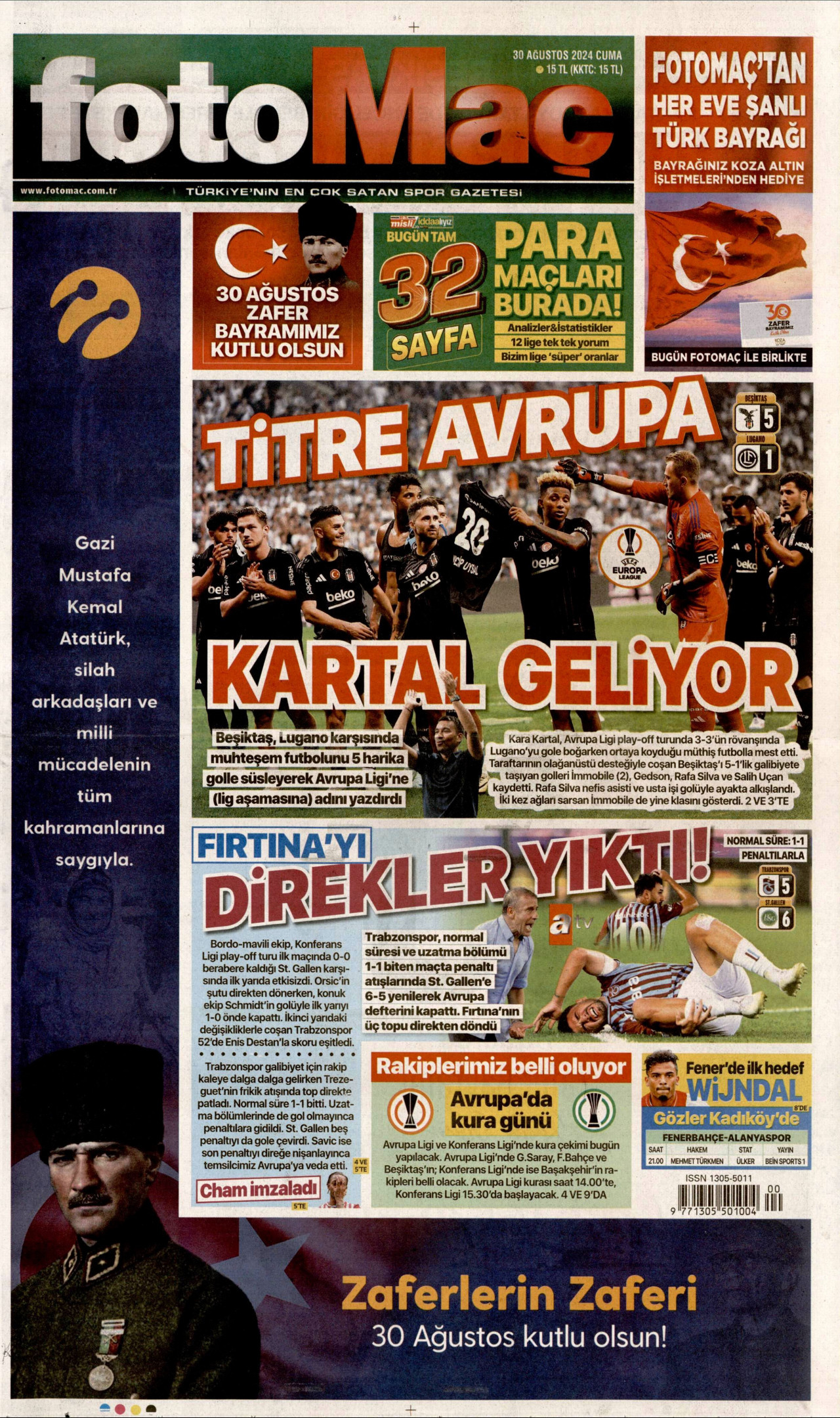 FOTOMAÇ gazetesinin 30 Ağustos 2024 tarihli birinci sayfası