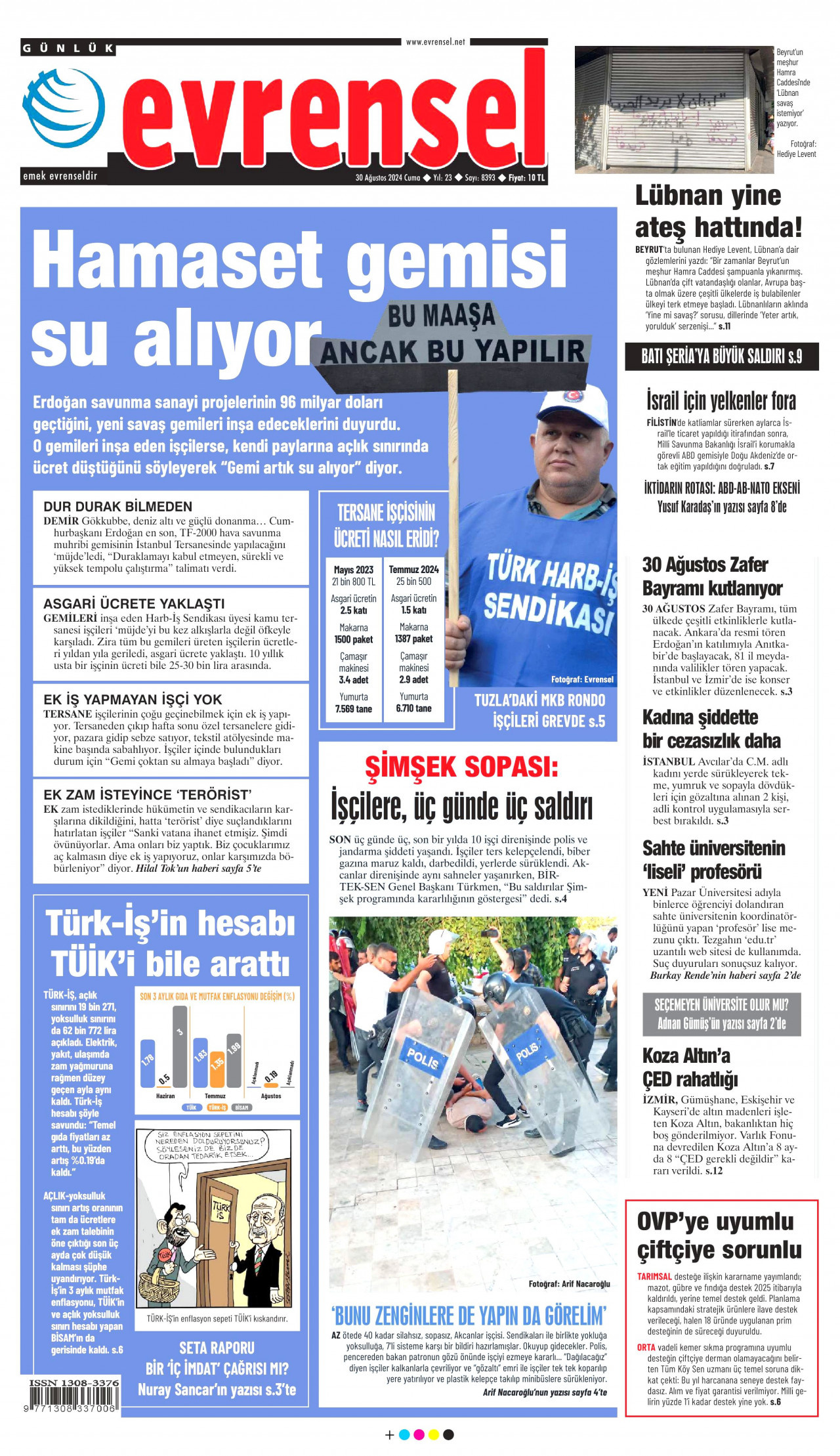 EVRENSEL gazetesinin 30 Ağustos 2024 tarihli birinci sayfası