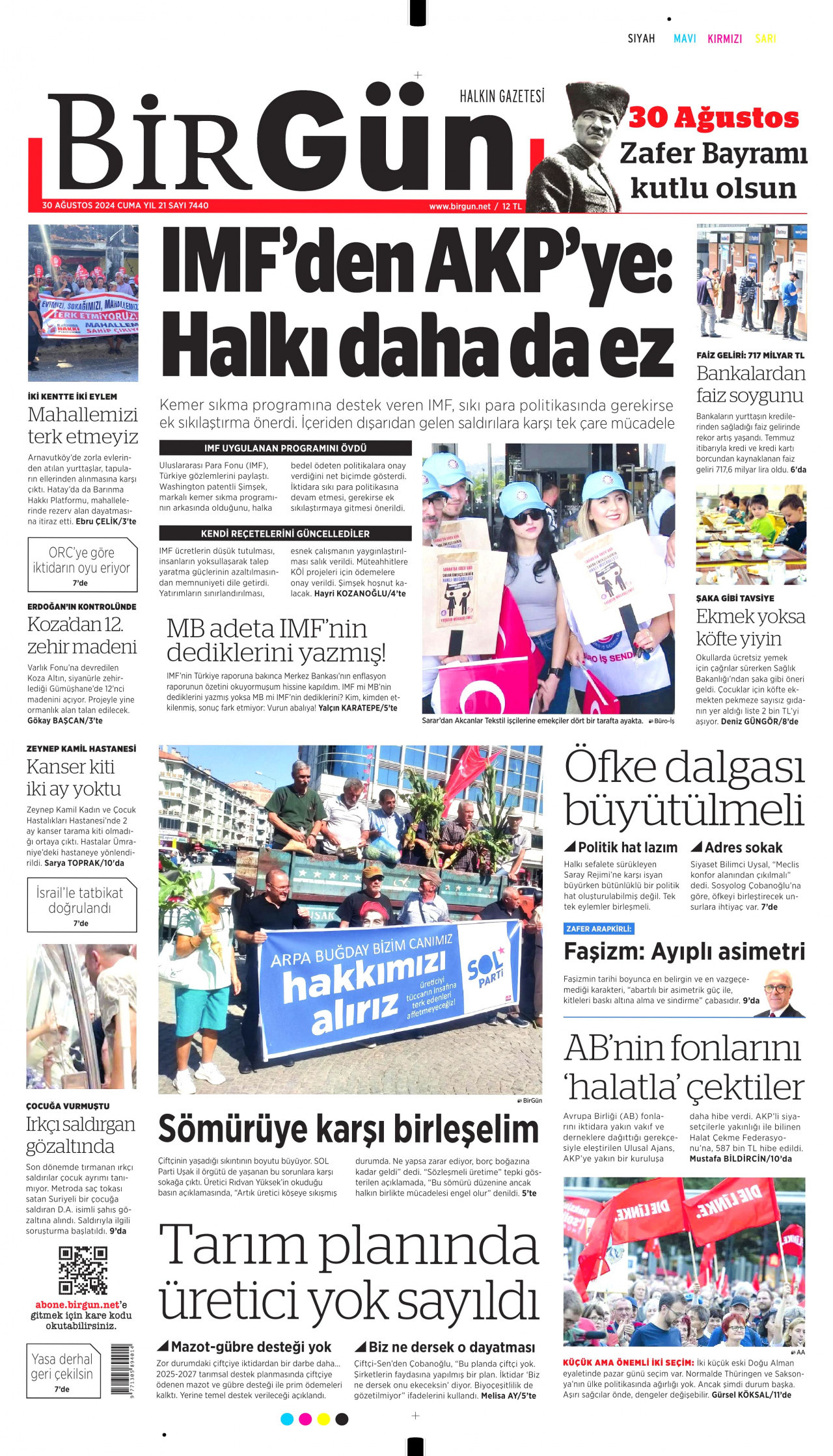 BİRGÜN gazetesinin 30 Ağustos 2024 tarihli birinci sayfası