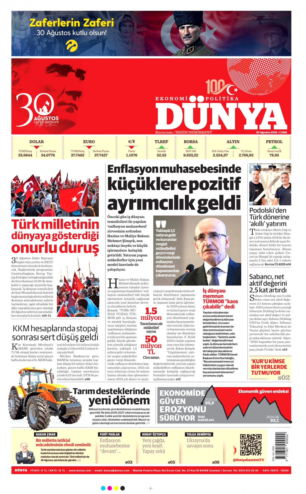 DÜNYA gazetesinin 30 Ağustos 2024 tarihli birinci sayfası