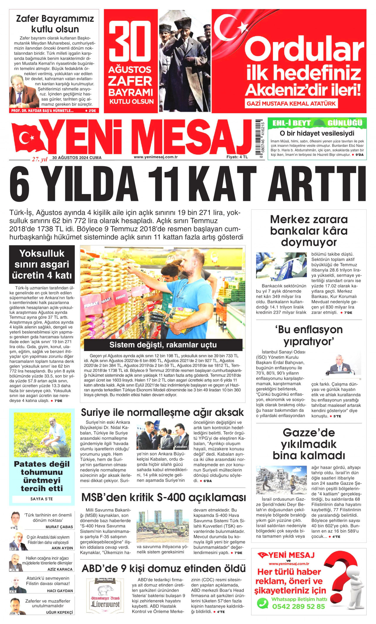 YENİ MESAJ gazetesinin 30 Ağustos 2024 tarihli birinci sayfası