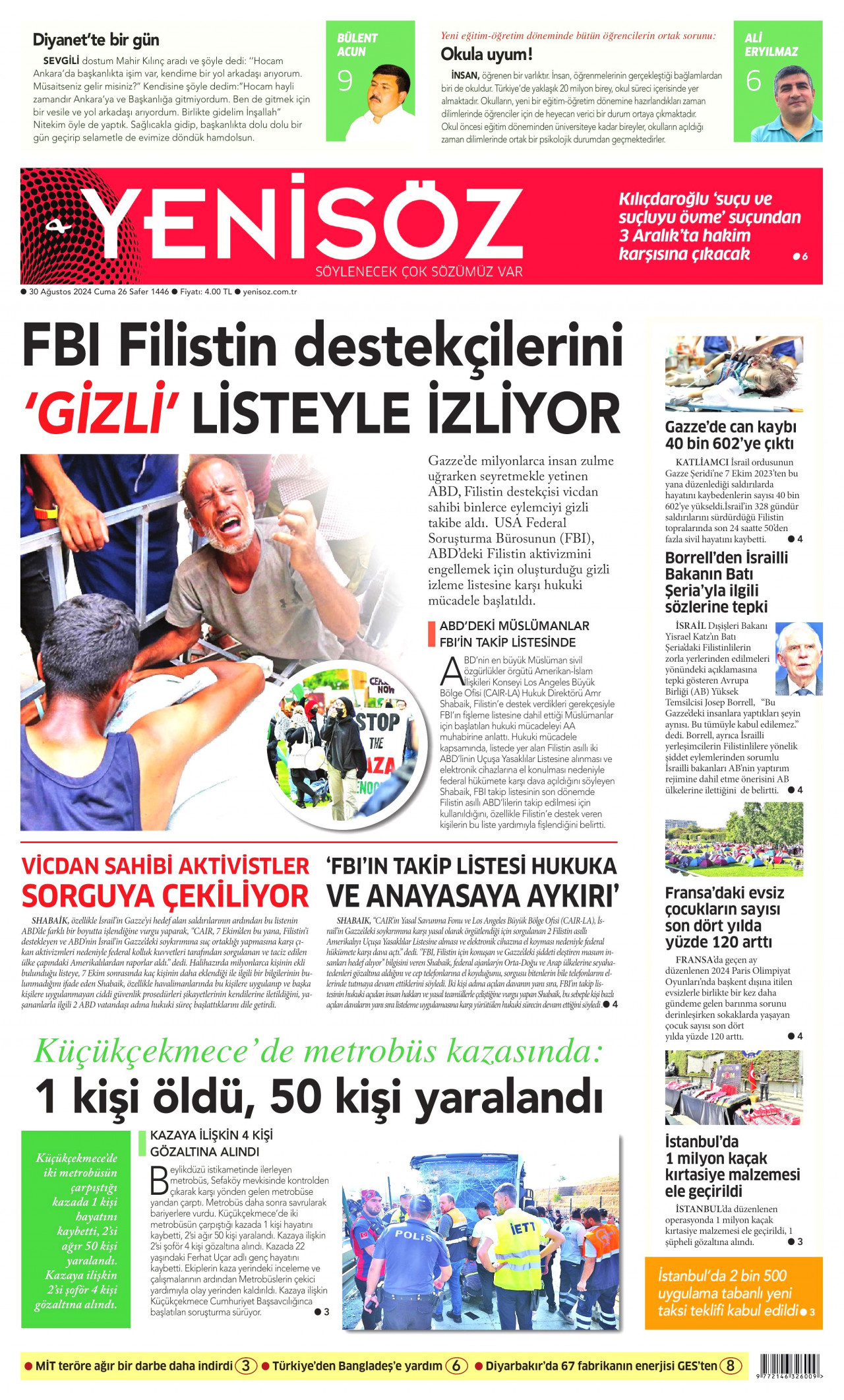 YENİ SÖZ GAZETESİ gazetesinin 30 Ağustos 2024 tarihli birinci sayfası