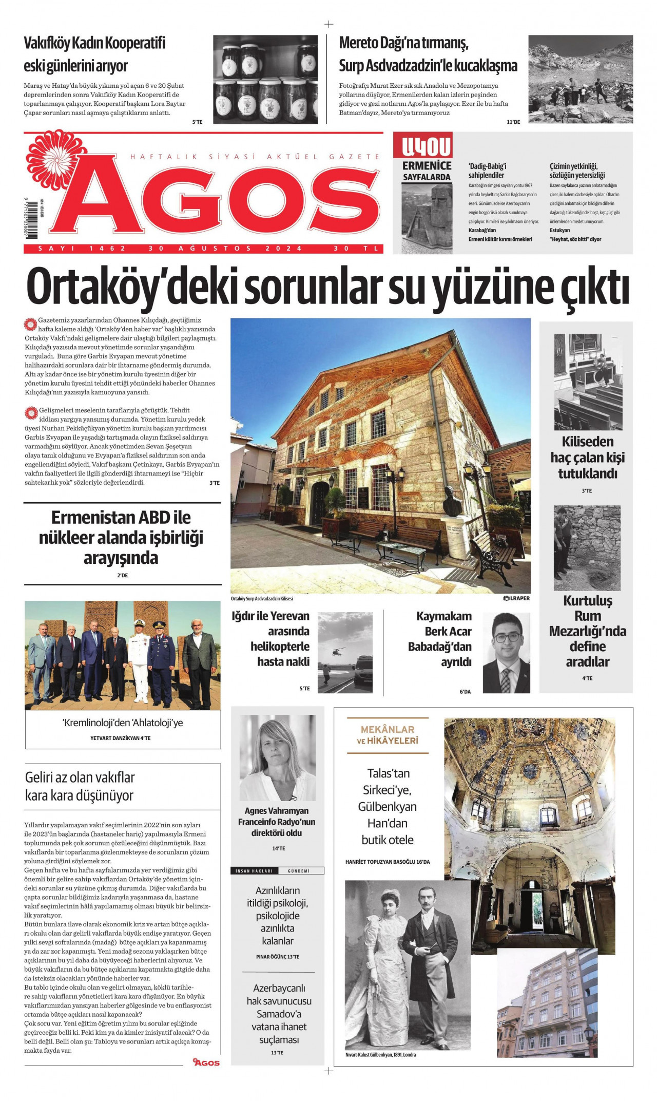 AGOS gazetesinin 30 Ağustos 2024 tarihli birinci sayfası