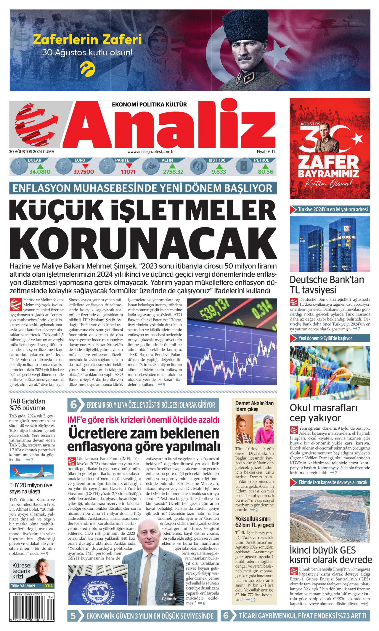 ANALİZ gazetesinin 30 Ağustos 2024 tarihli birinci sayfası