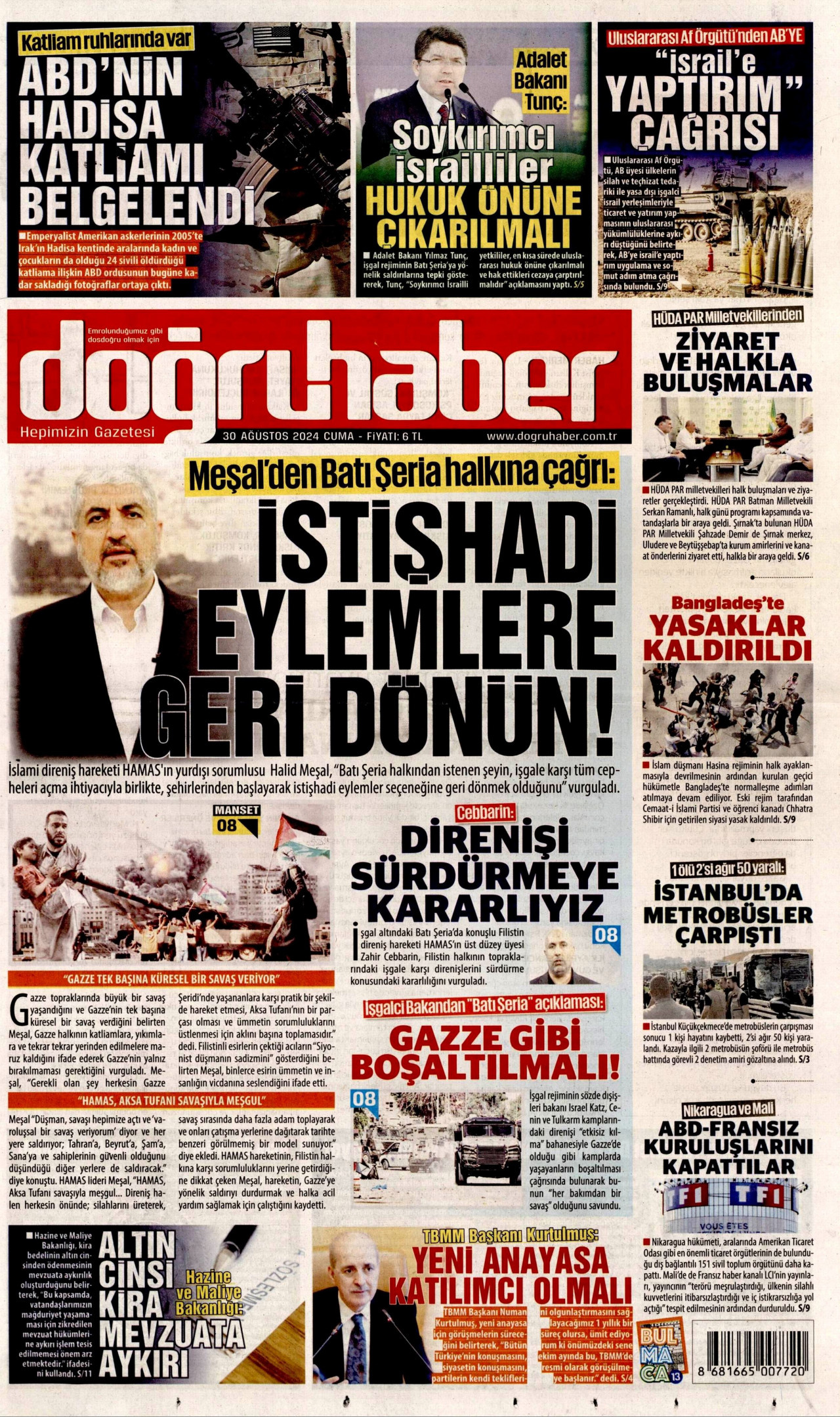 DOĞRU HABER gazetesinin 30 Ağustos 2024 tarihli birinci sayfası