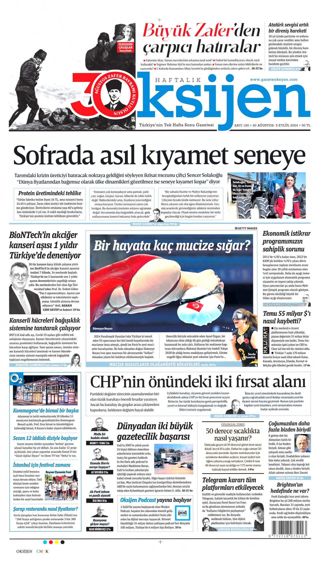 OKSİJEN gazetesinin 30 Ağustos 2024 tarihli birinci sayfası