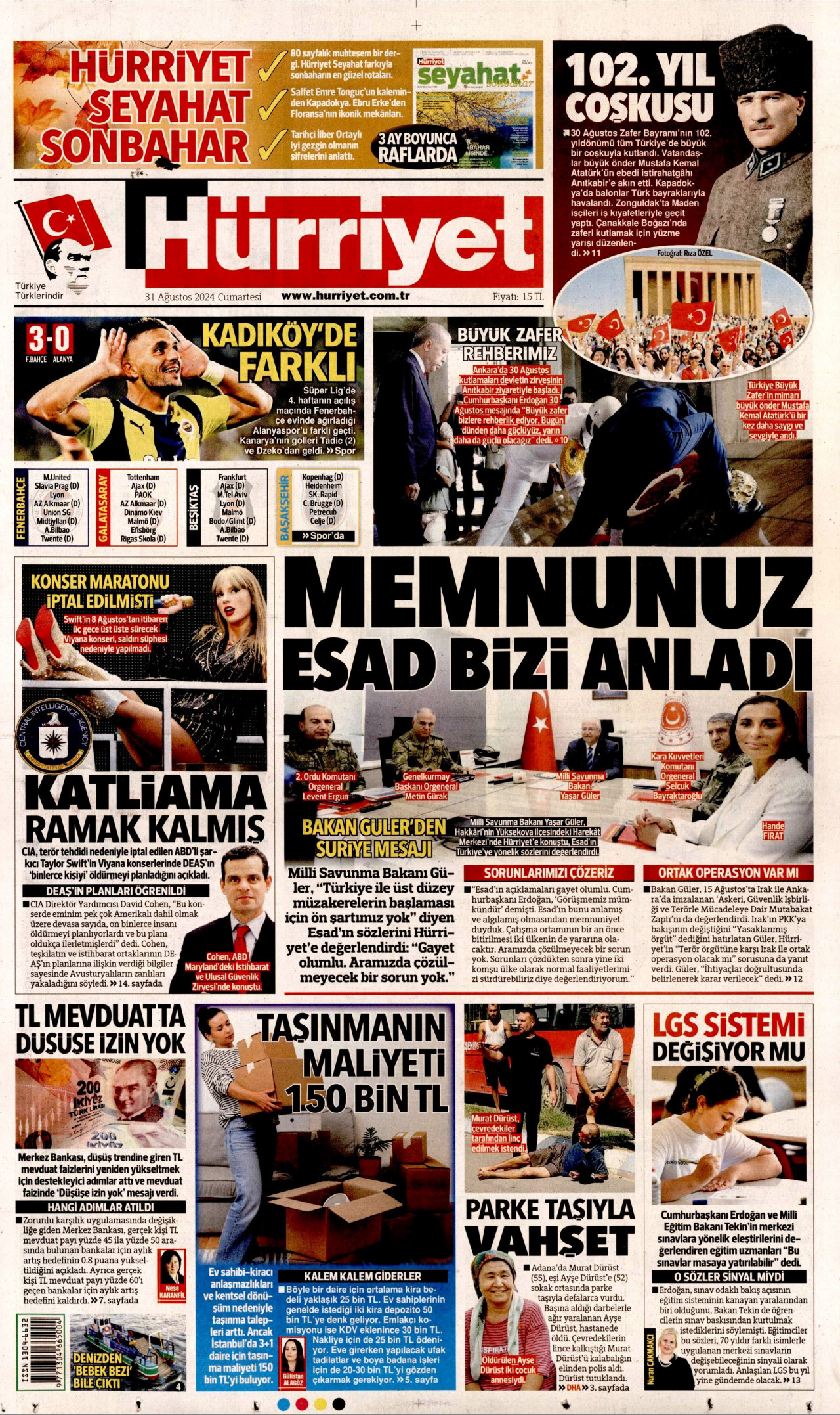HÜRRİYET gazetesinin 31 Ağustos 2024 tarihli birinci sayfası
