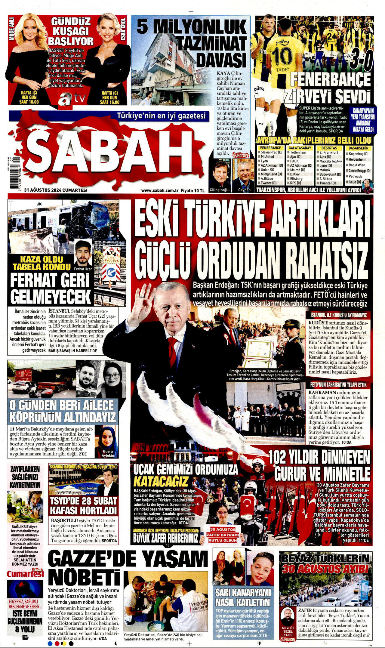 SABAH gazetesinin 31 Ağustos 2024 tarihli birinci sayfası