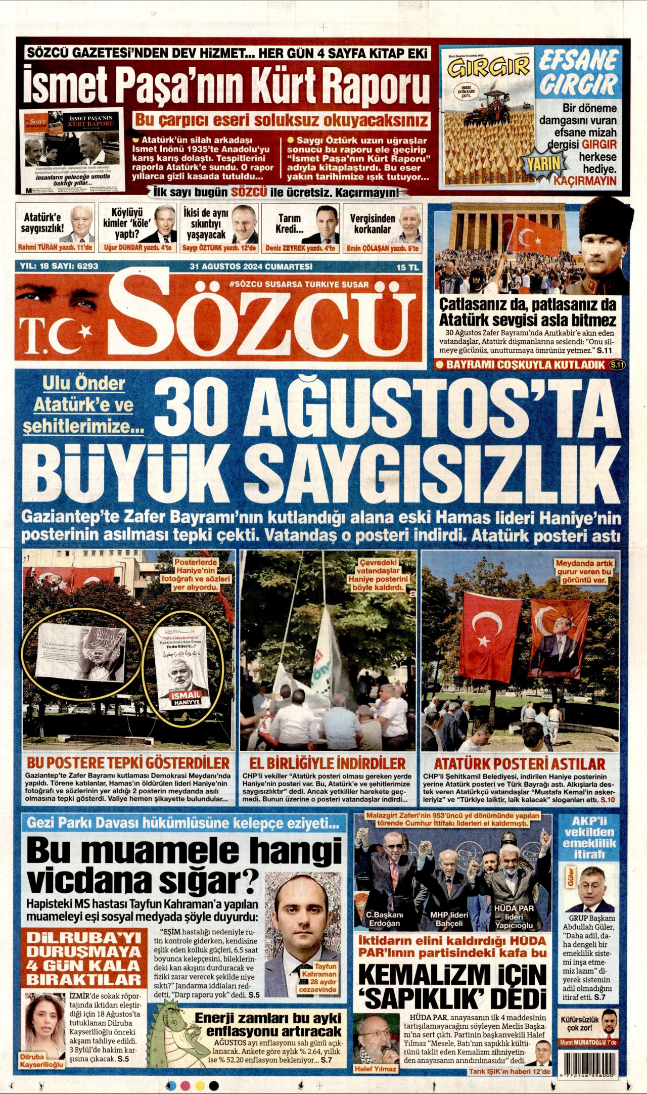 SÖZCÜ gazetesinin 31 Ağustos 2024 tarihli birinci sayfası
